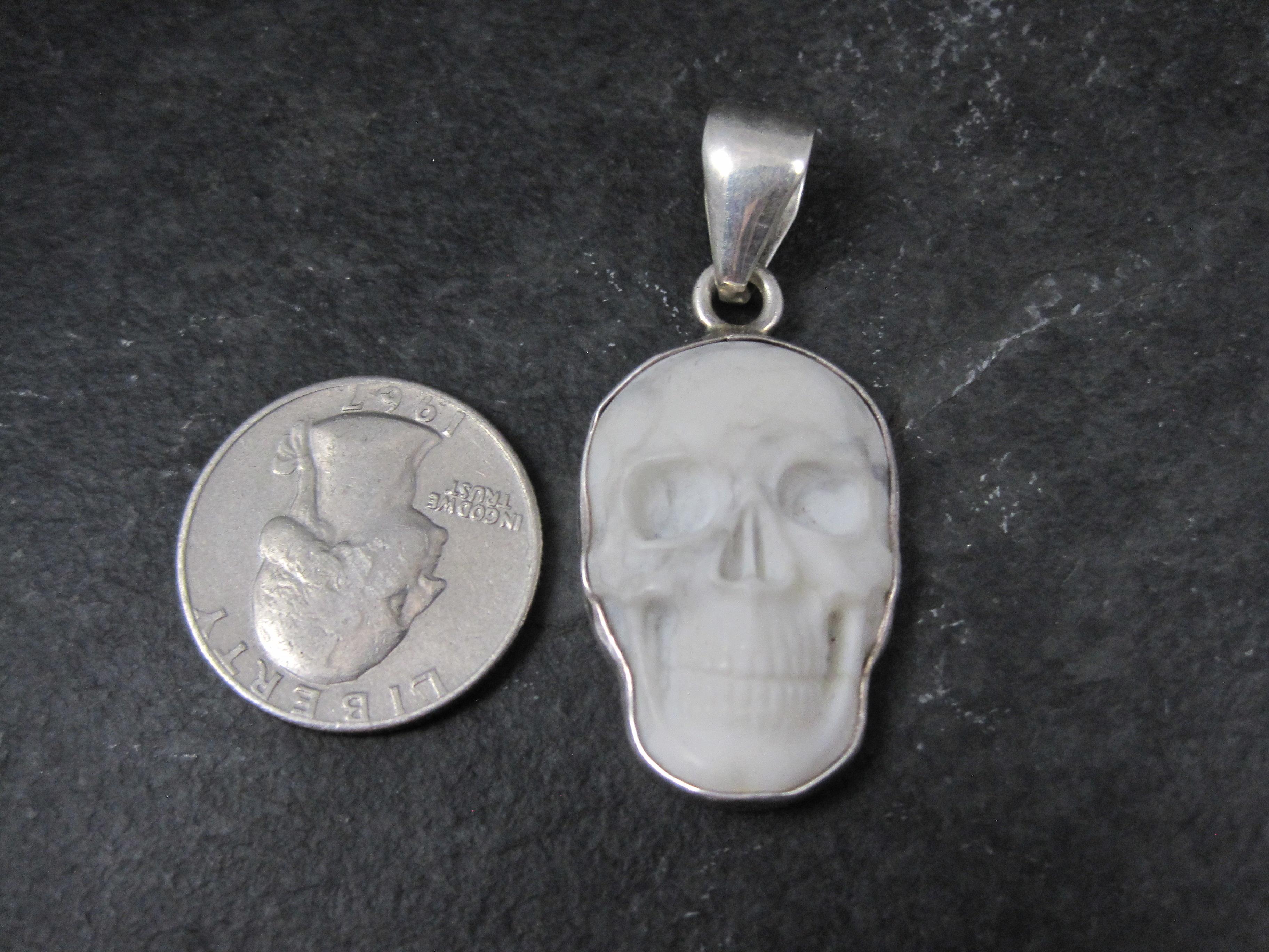 Gothic Revival Carved Howlite Skull Pendant Sterling Silver Charles Albert For Sale