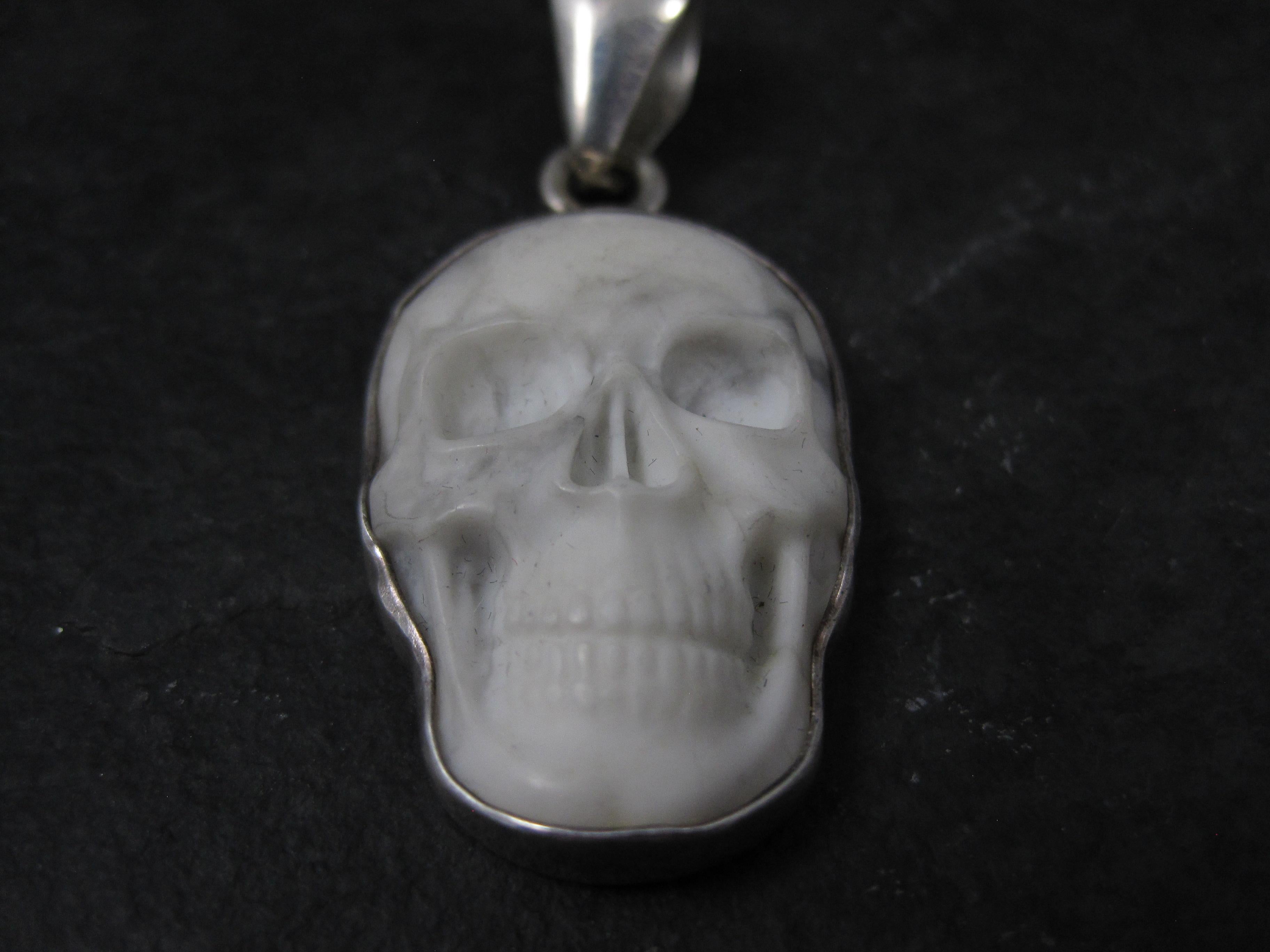 Carved Howlite Skull Pendant Sterling Silver Charles Albert In Excellent Condition For Sale In Webster, SD