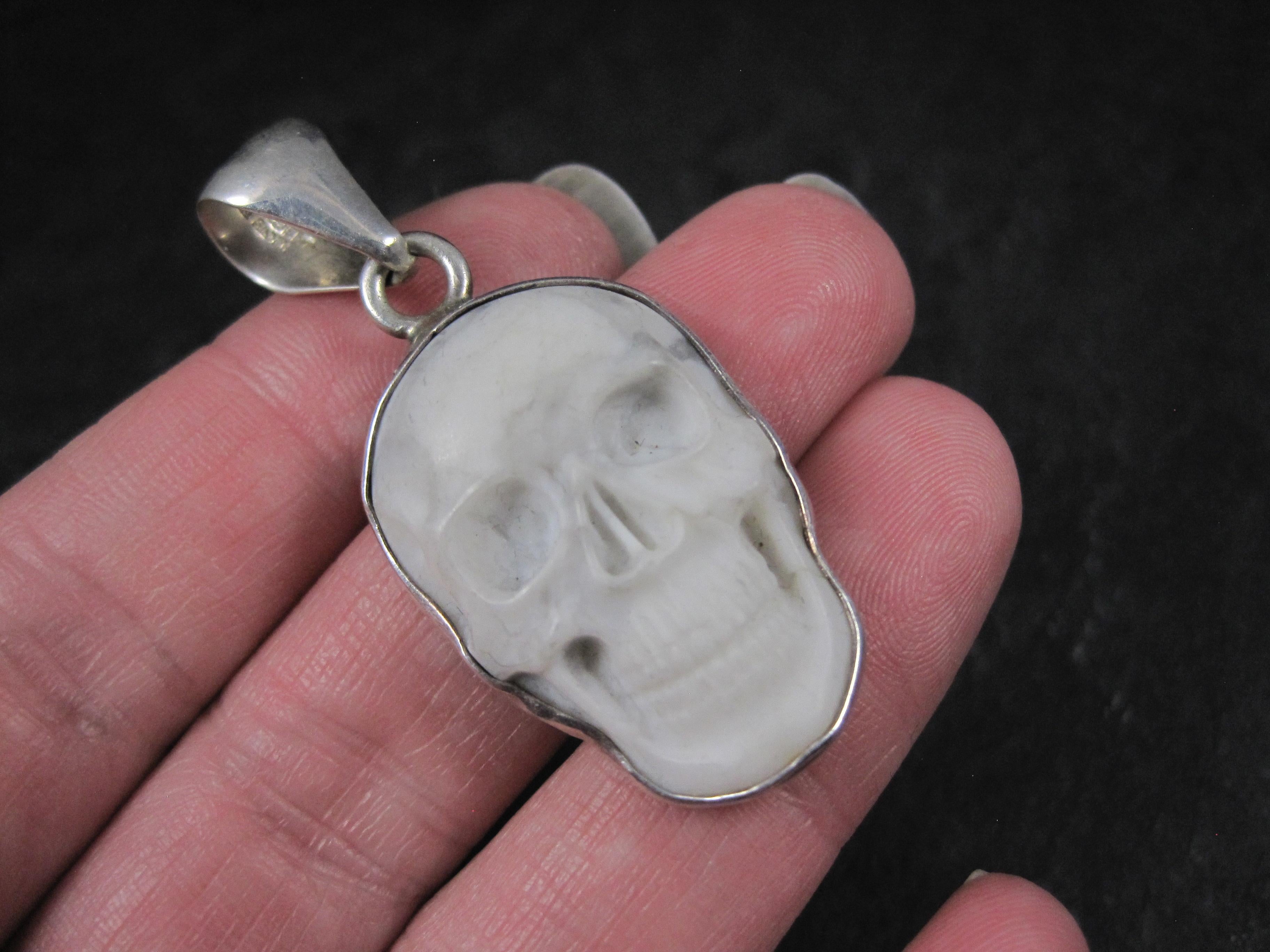 Carved Howlite Skull Pendant Sterling Silver Charles Albert For Sale 2
