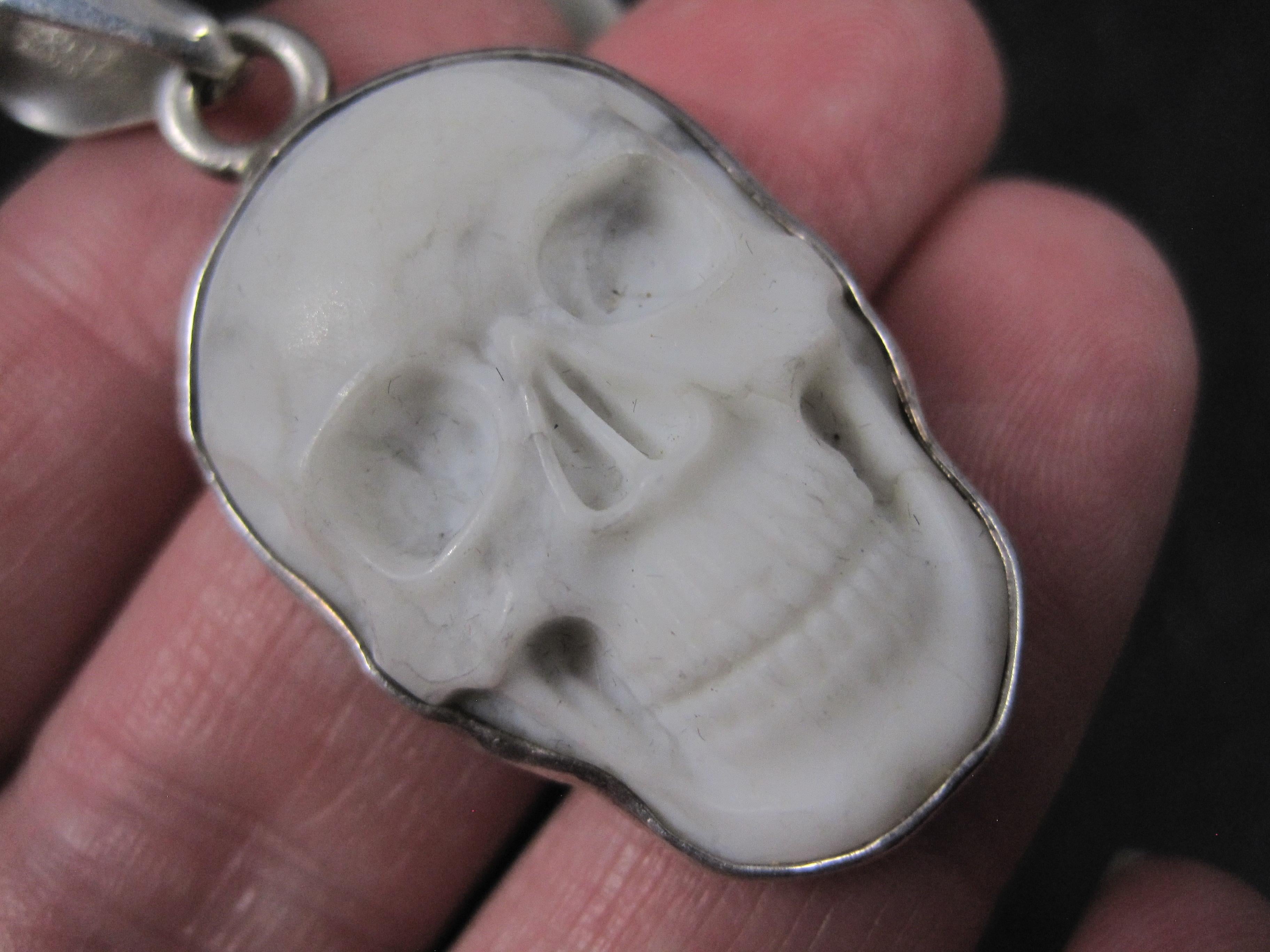 Carved Howlite Skull Pendant Sterling Silver Charles Albert For Sale 3