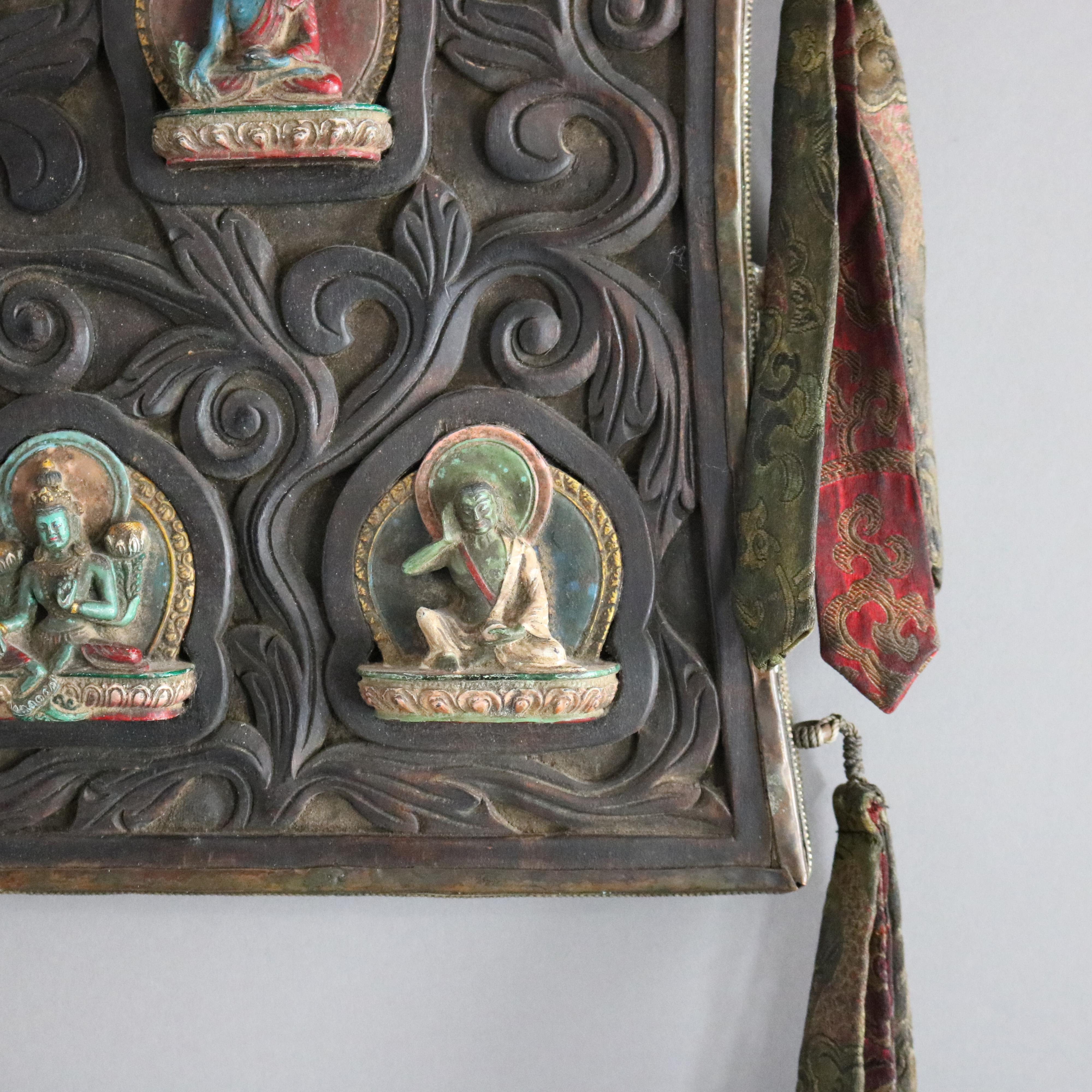 Asian Carved In Relief Tibetan Buddhist Temple Shrine Plaque with Figures 20thC