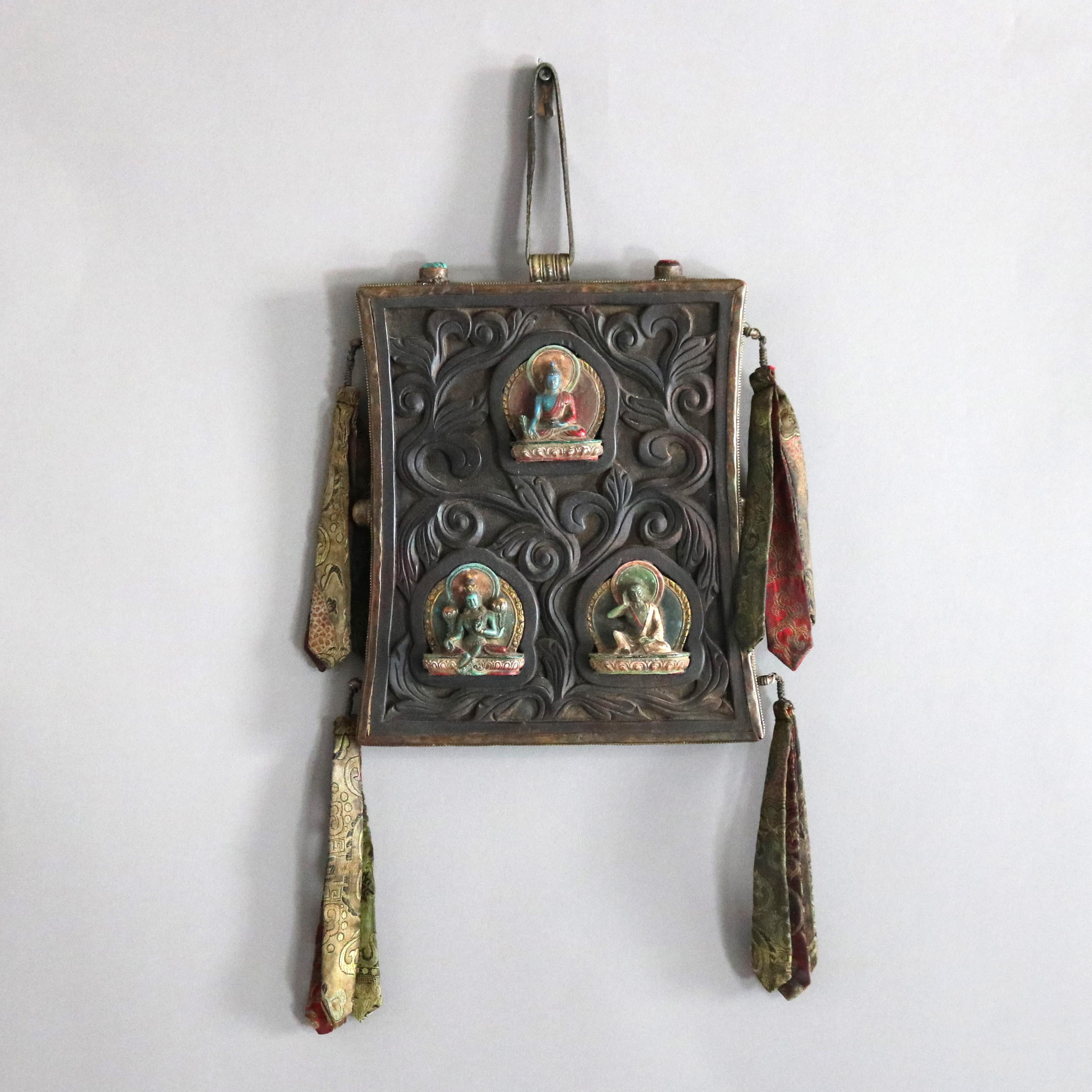 Carved In Relief Tibetan Buddhist Temple Shrine Plaque with Figures 20thC In Good Condition In Big Flats, NY