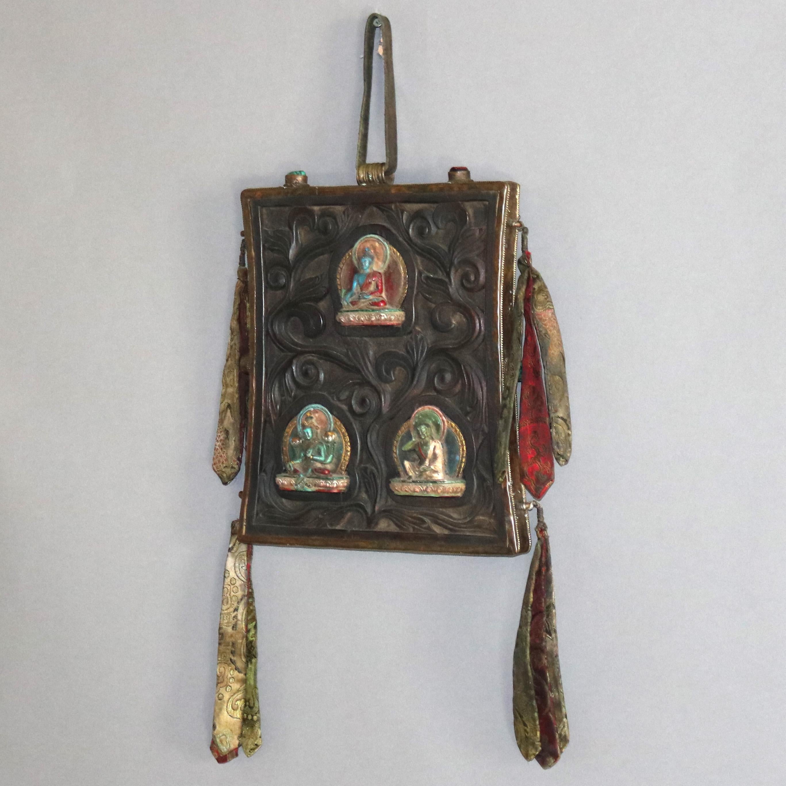 Wood Carved In Relief Tibetan Buddhist Temple Shrine Plaque with Figures 20thC