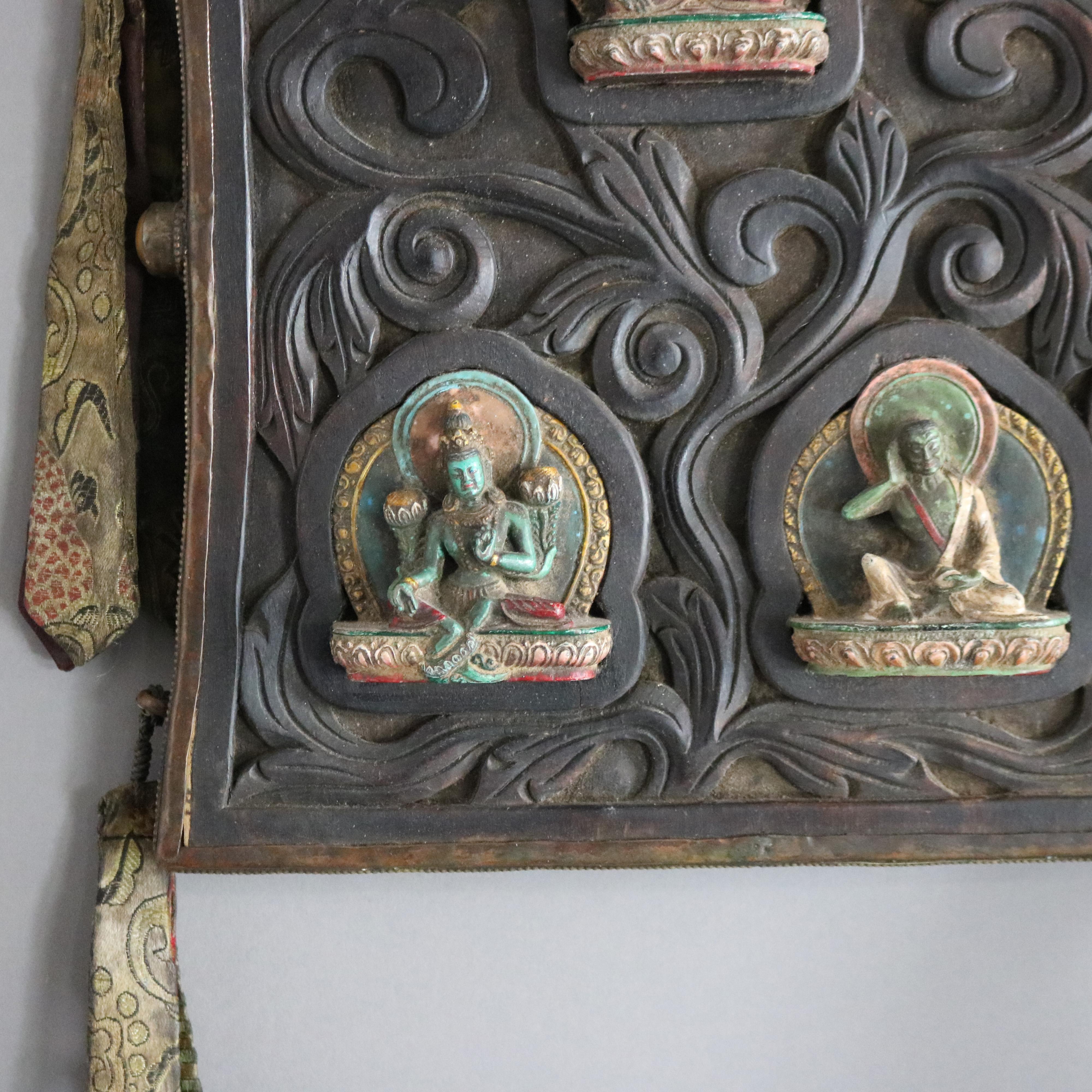 Carved In Relief Tibetan Buddhist Temple Shrine Plaque with Figures 20thC 1