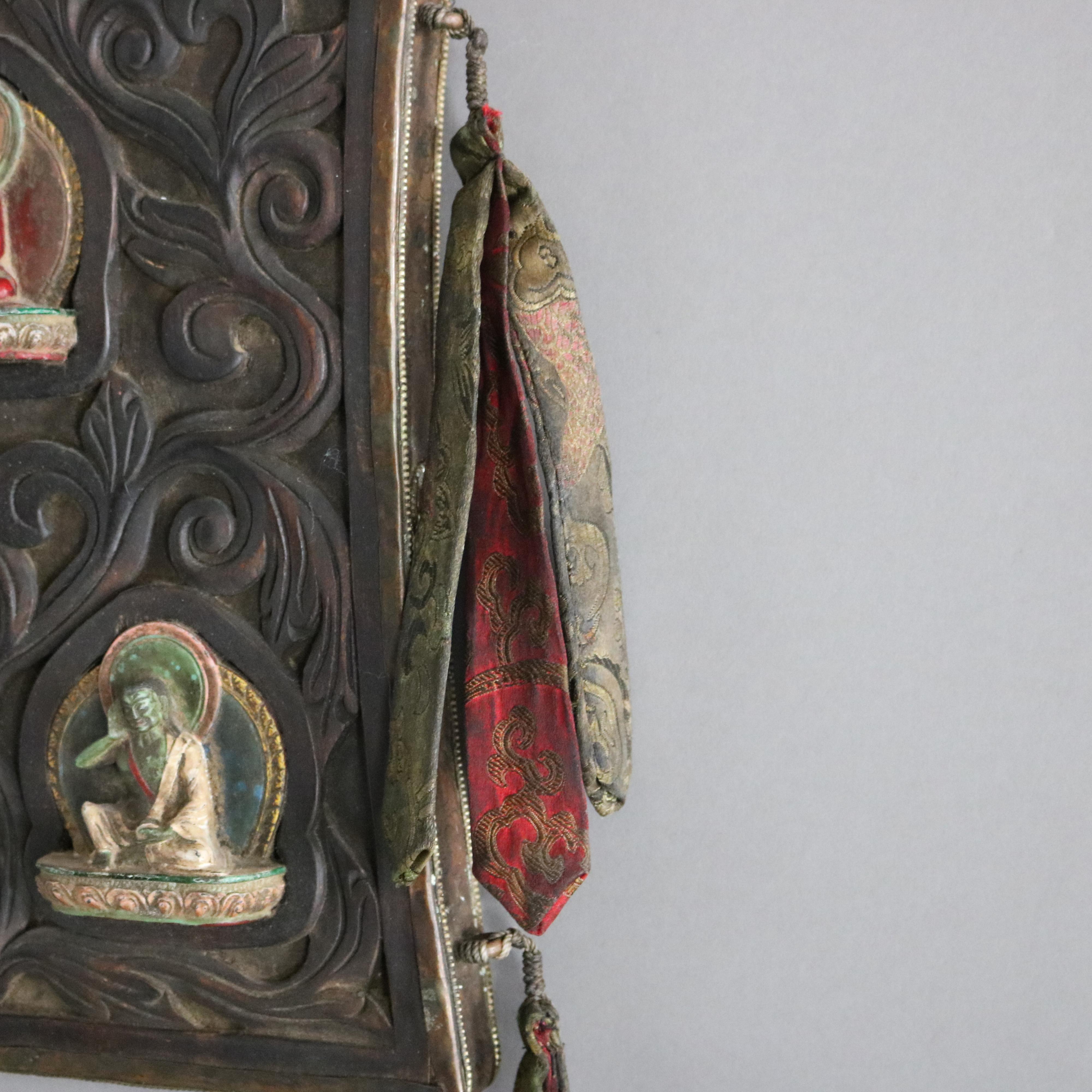 Carved In Relief Tibetan Buddhist Temple Shrine Plaque with Figures 20thC 3