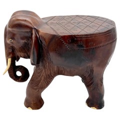 Carved Indian Colonial Hardwood Elephant Drinks Table or Stool