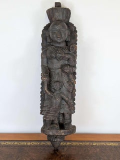 Carved Indian Folk Wood Panel Sculpture of Parvati and Her Sons
