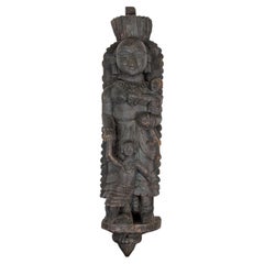 Carved Indian Folk Wood Panel Sculpture of Parvati and Her Sons