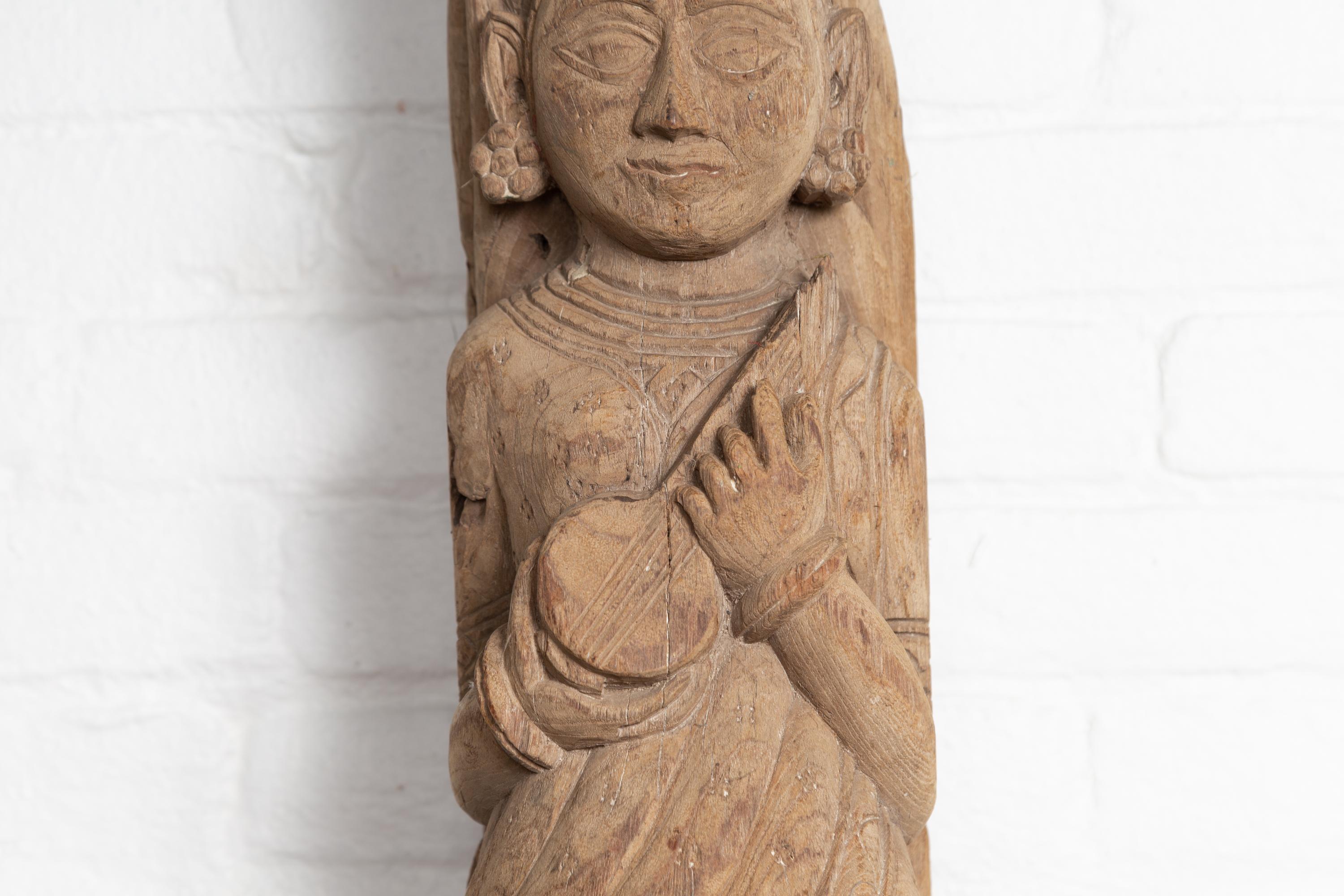 Wood Carved Indian Temple Carving Statue from Gujarat Depicting a Celestial Musician