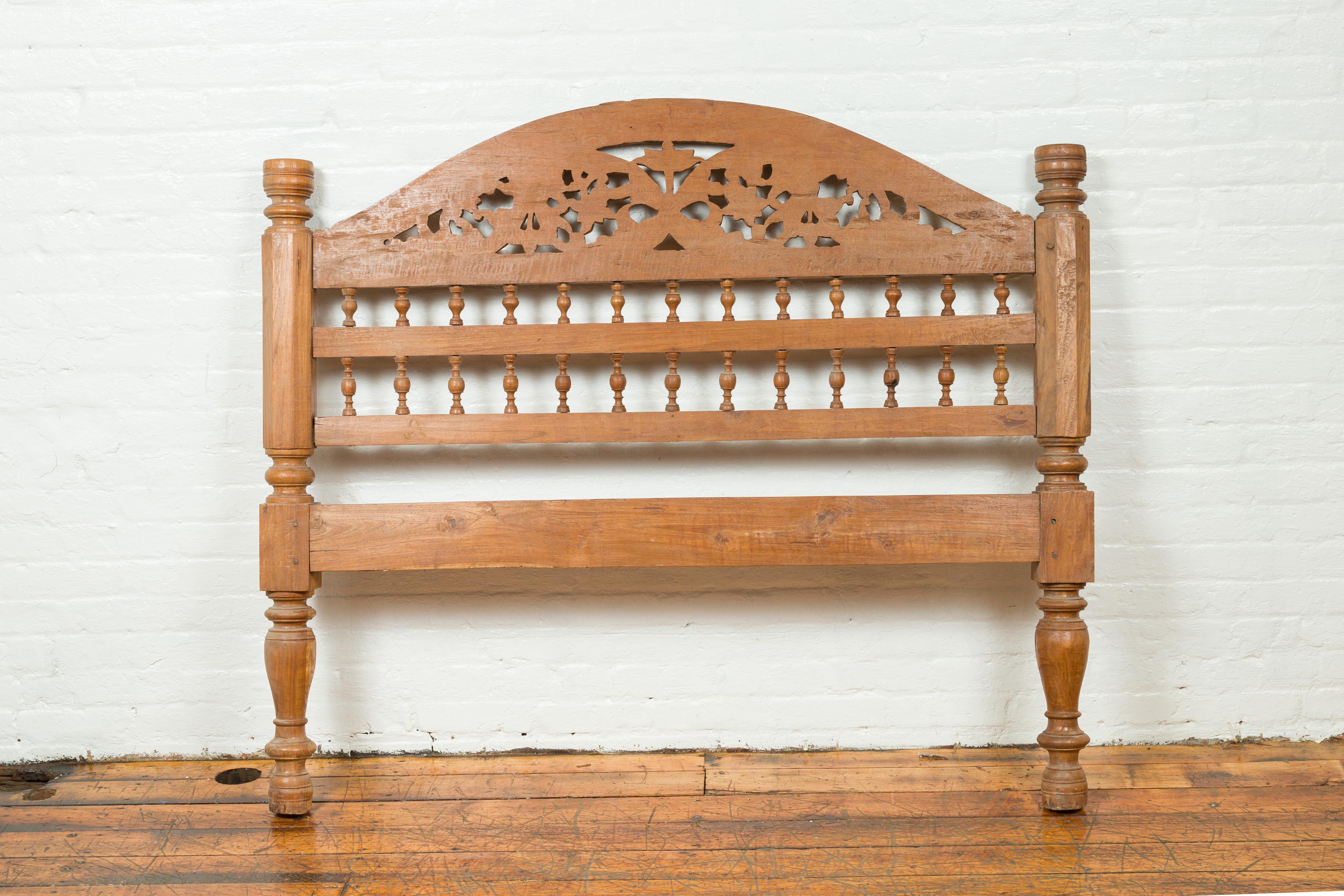 Carved Indonesian Vintage Headboard with Scrolling Foliage and Petite Balusters For Sale 3