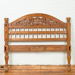 Carved Vintage Wooden Headboard with Scrolling Foliage and Petite Balusters