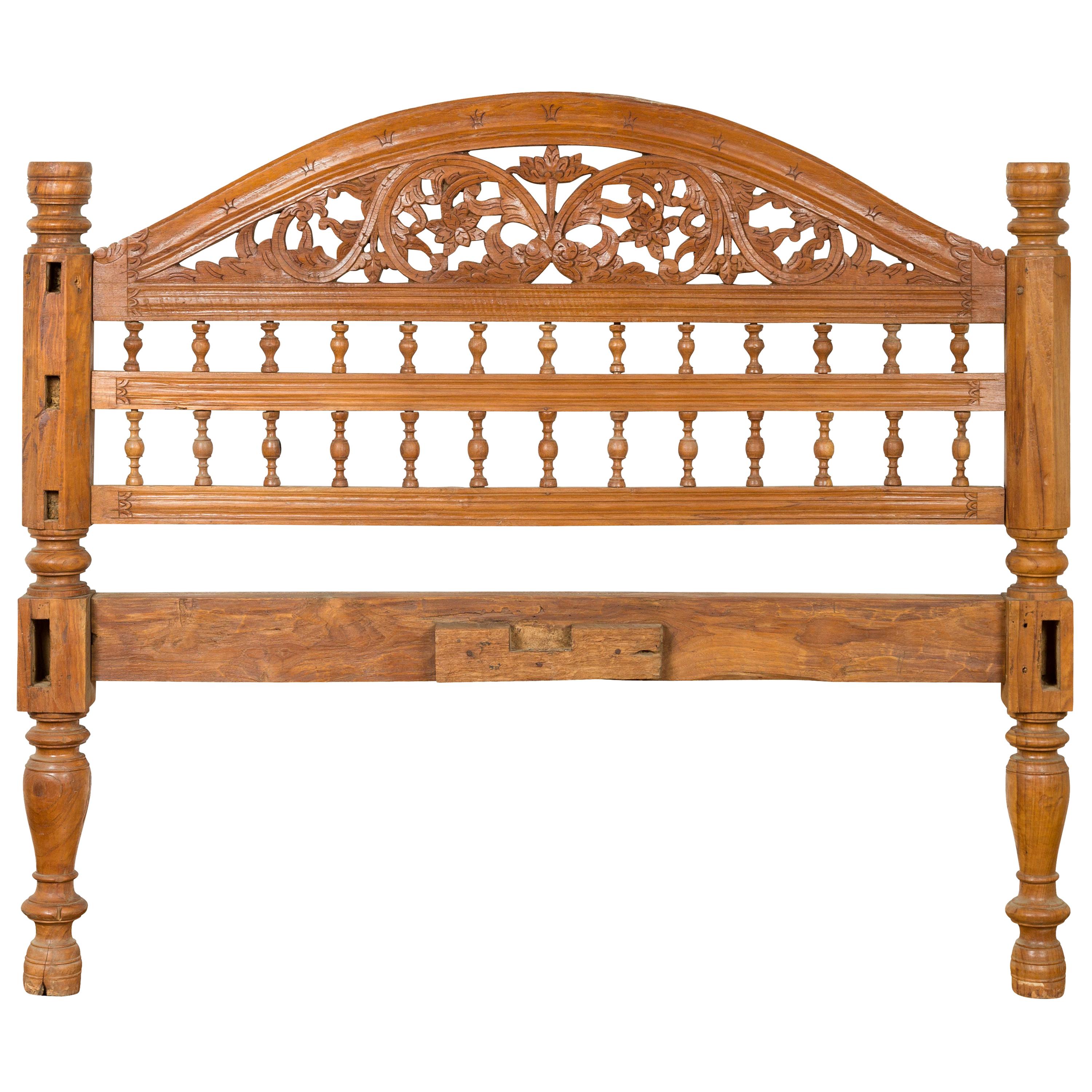 Carved Indonesian Vintage Headboard with Scrolling Foliage and Petite Balusters For Sale