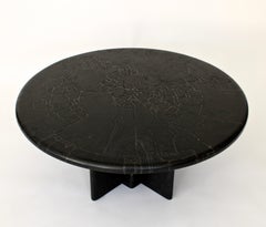 Black Marble Round Low French Coffee Table Carved Engraved or Incised Pattern