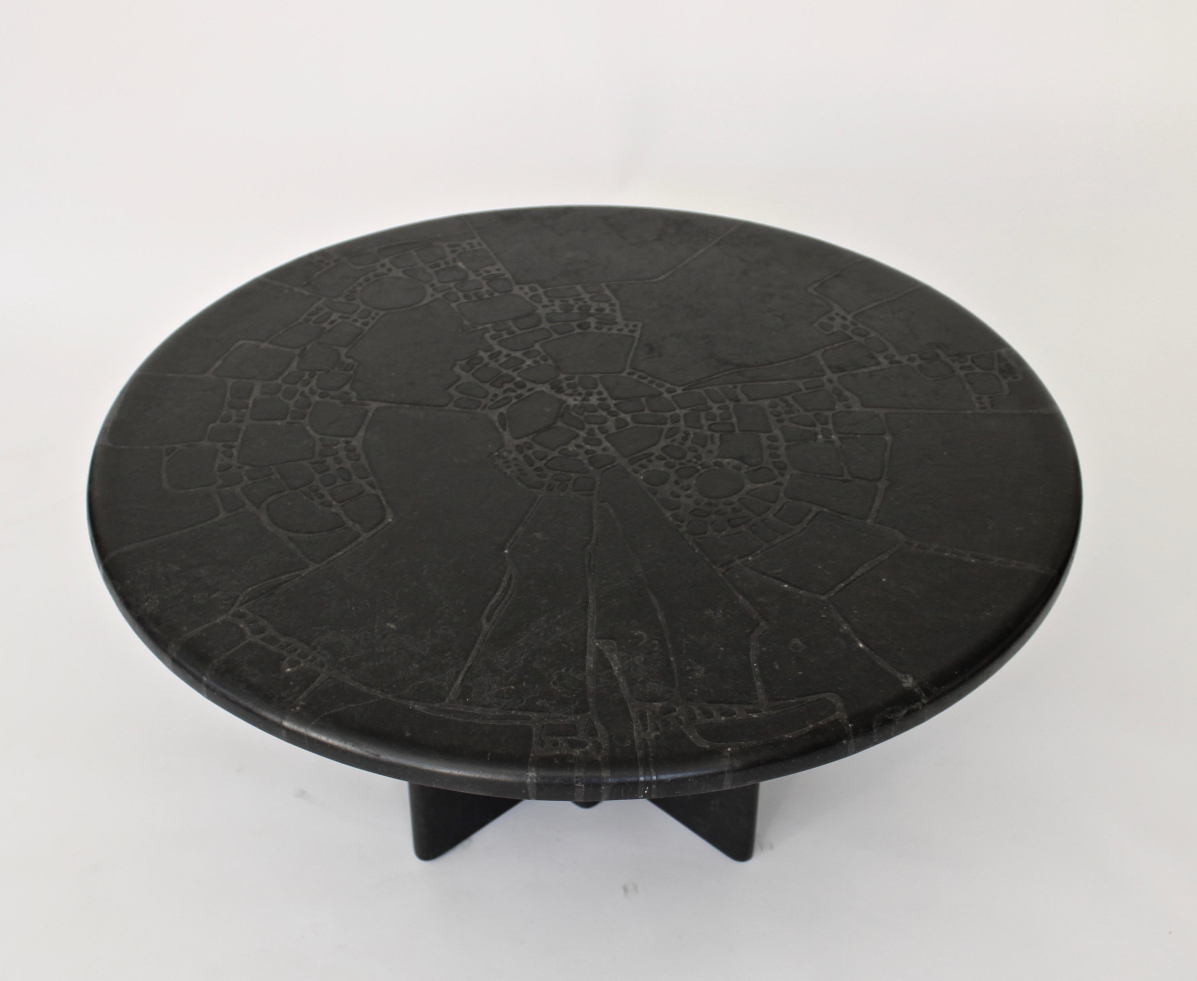 Mid-Century Modern Black Marble Round Low French Coffee Table Carved Engraved or Incised Pattern 