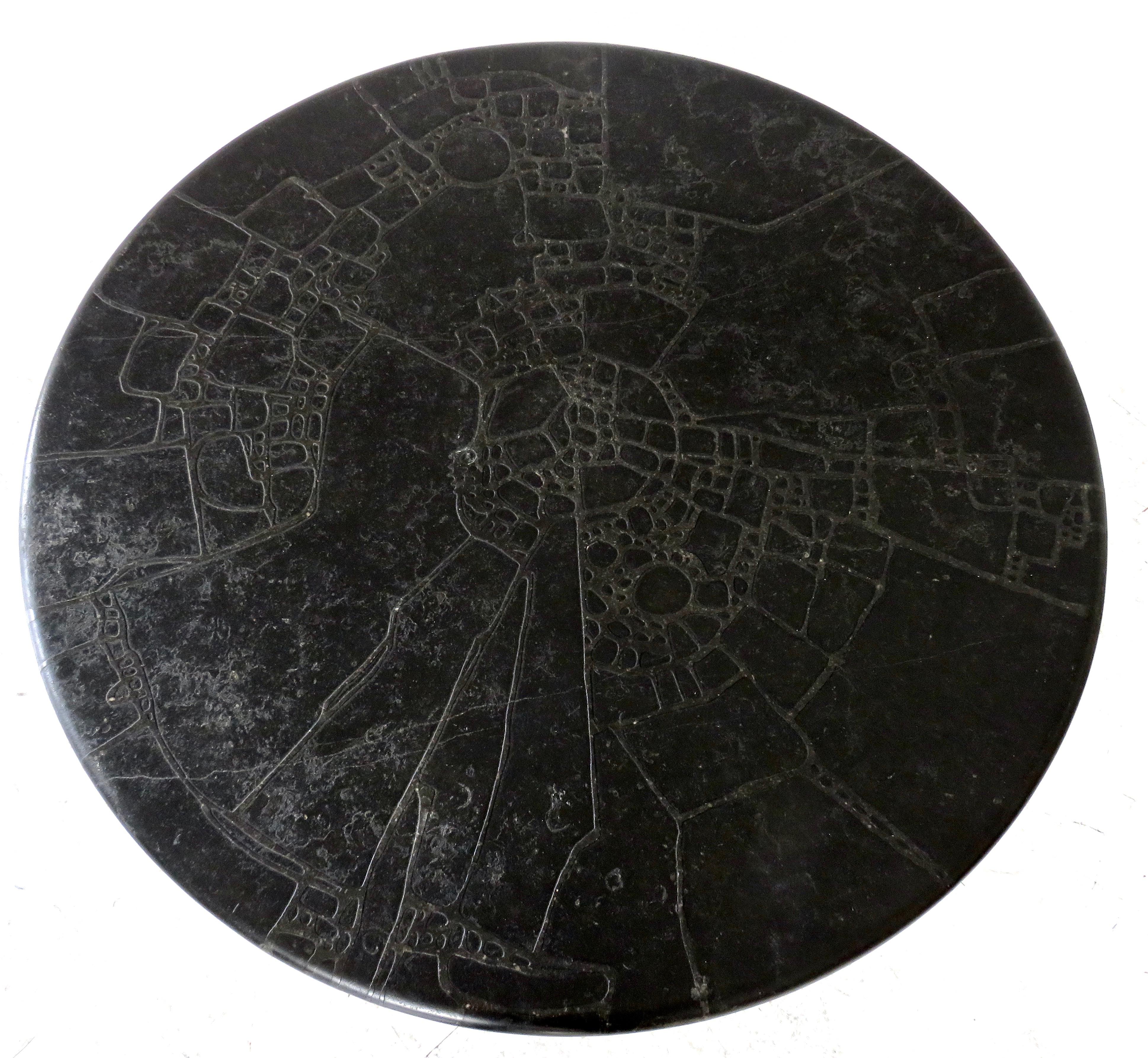 Mid-20th Century Black Marble Round Low French Coffee Table Carved Engraved or Incised Pattern 