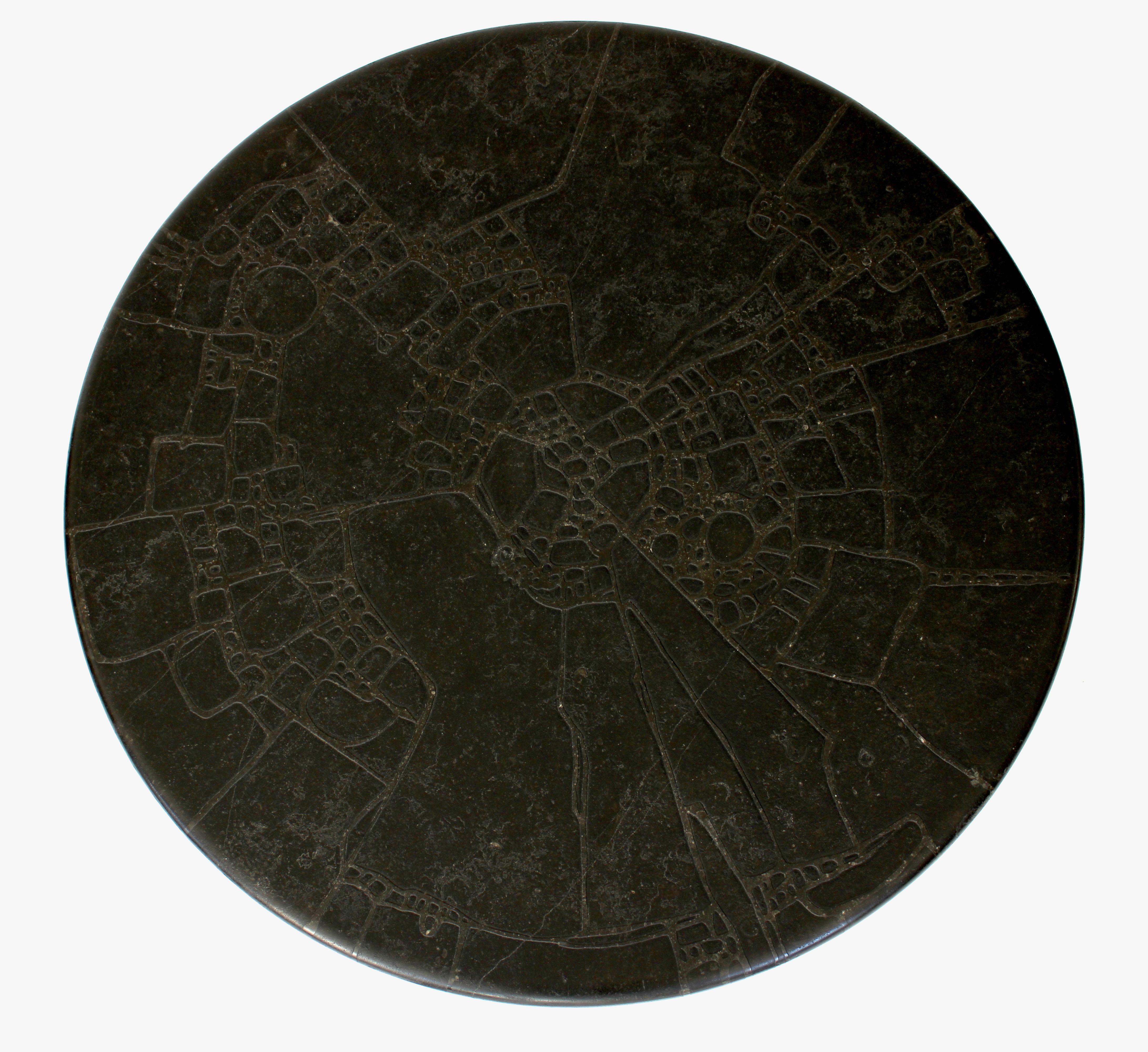 Belgian Black Marble Black Marble Round Low French Coffee Table Carved Engraved or Incised Pattern 