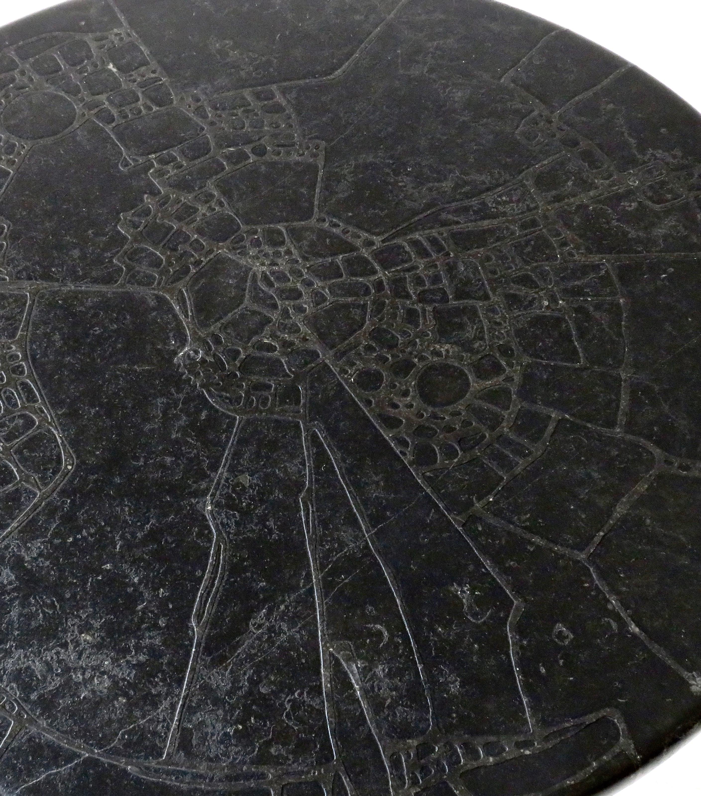 Black Marble Round Low French Coffee Table Carved Engraved or Incised Pattern  1