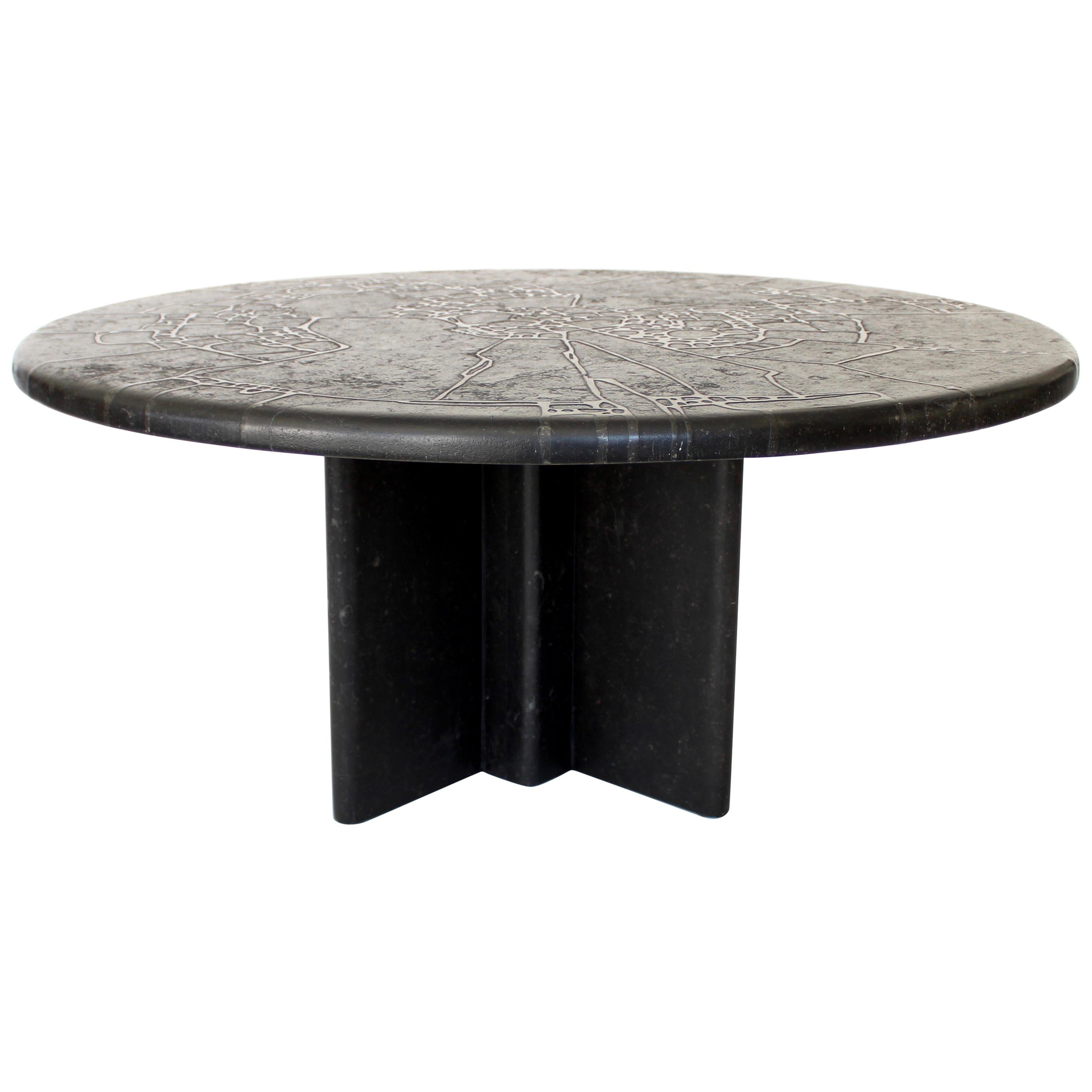 Black Marble Round Low French Coffee Table Carved Engraved or Incised Pattern 