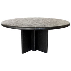Black Marble Round Low French Coffee Table Carved Engraved or Incised Pattern 