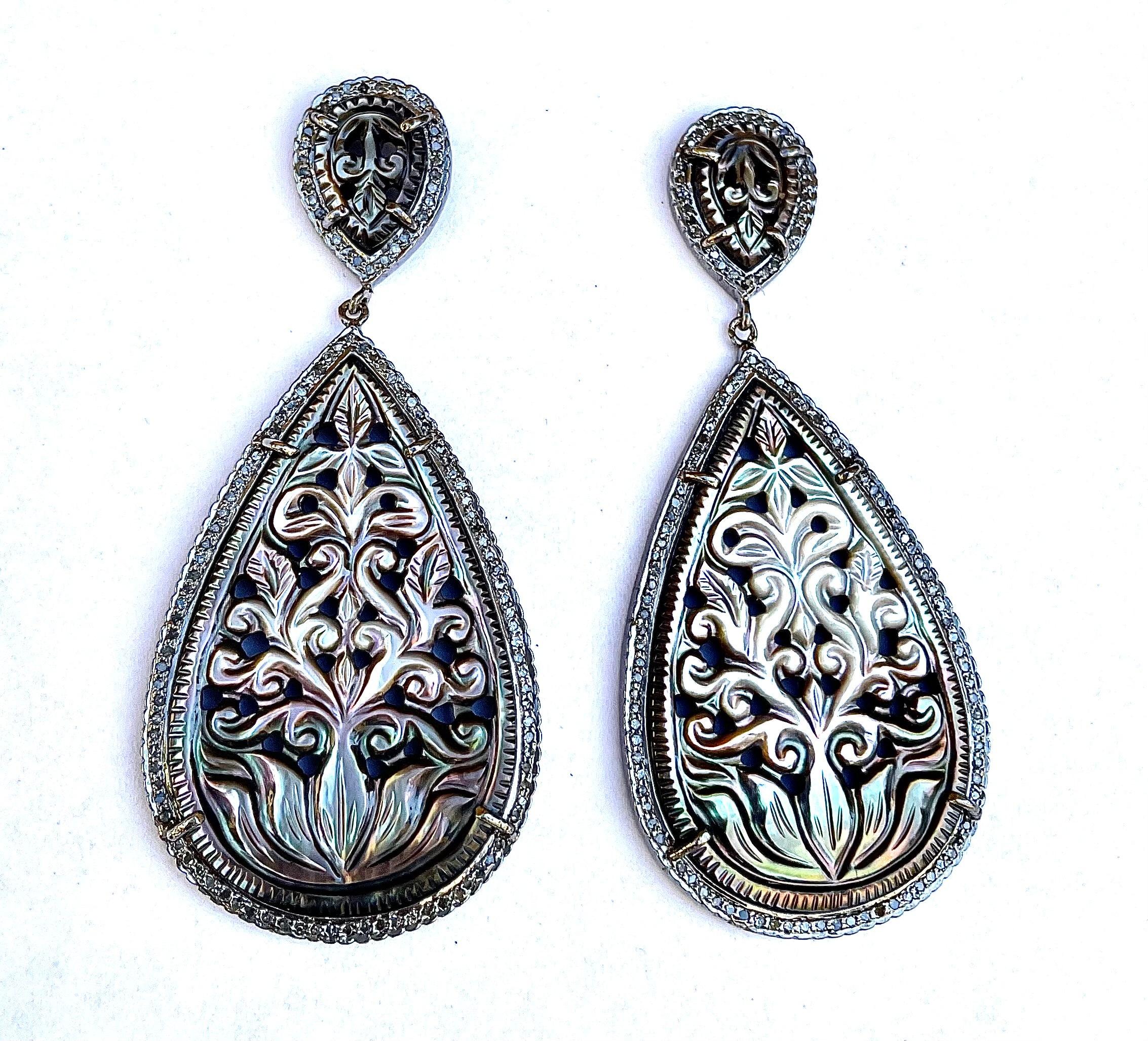 Contemporary 84 Carats Carved Iridescent Mother of Pearl with Pave Diamond Earrings For Sale