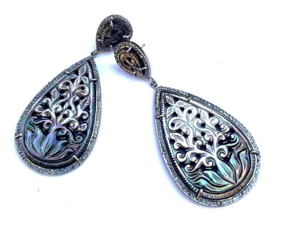 Bead 84 Carats Carved Iridescent Mother of Pearl with Pave Diamond Earrings For Sale