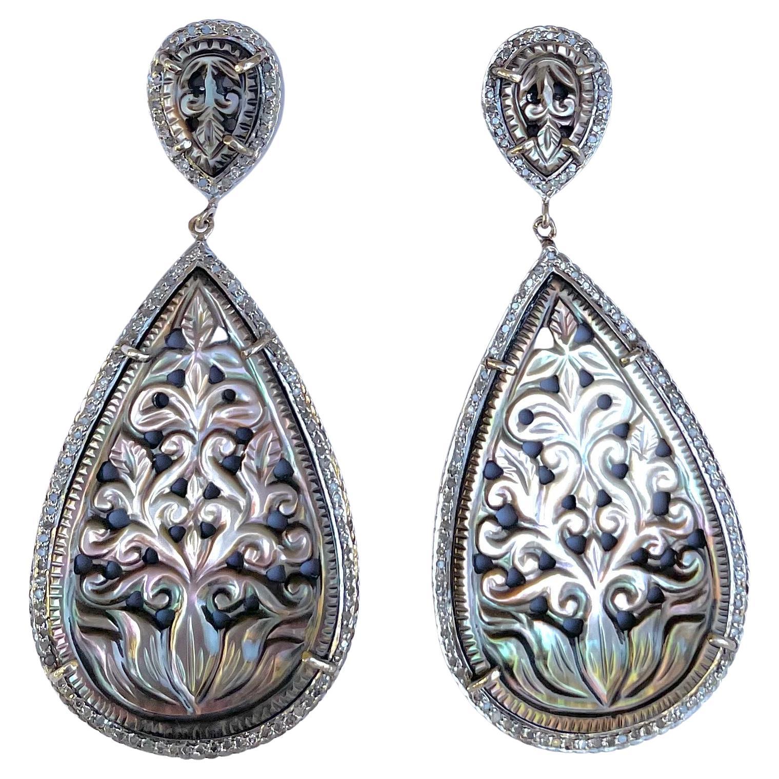 84 Carats Carved Iridescent Mother of Pearl with Pave Diamond Earrings For Sale