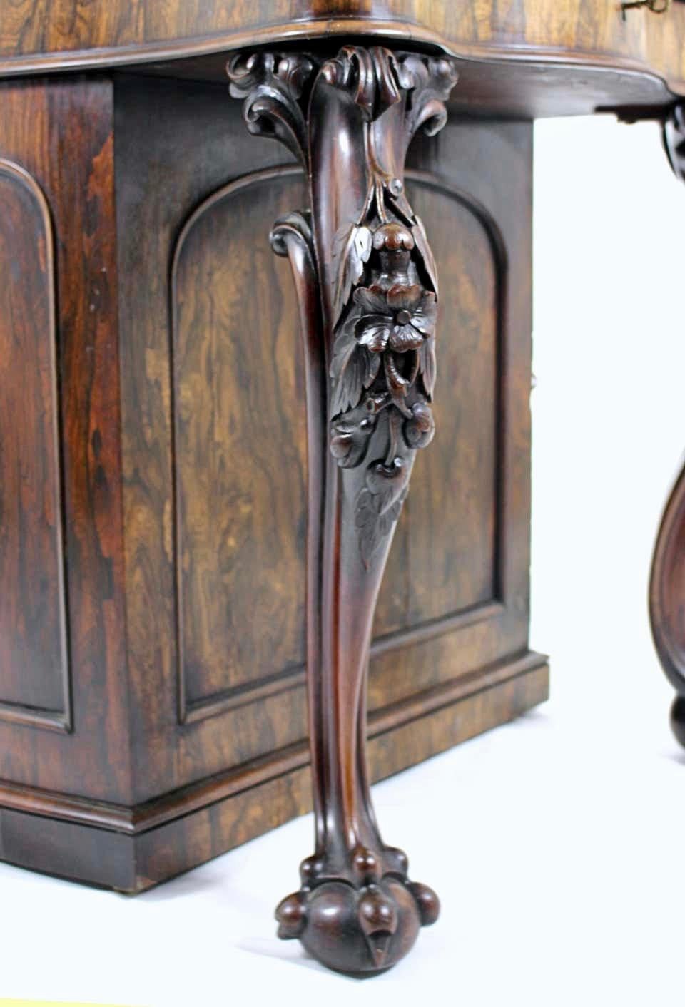 Brass Carved Irish Rosewood and Leather Rise and Fall Davenport, circa 1850 For Sale