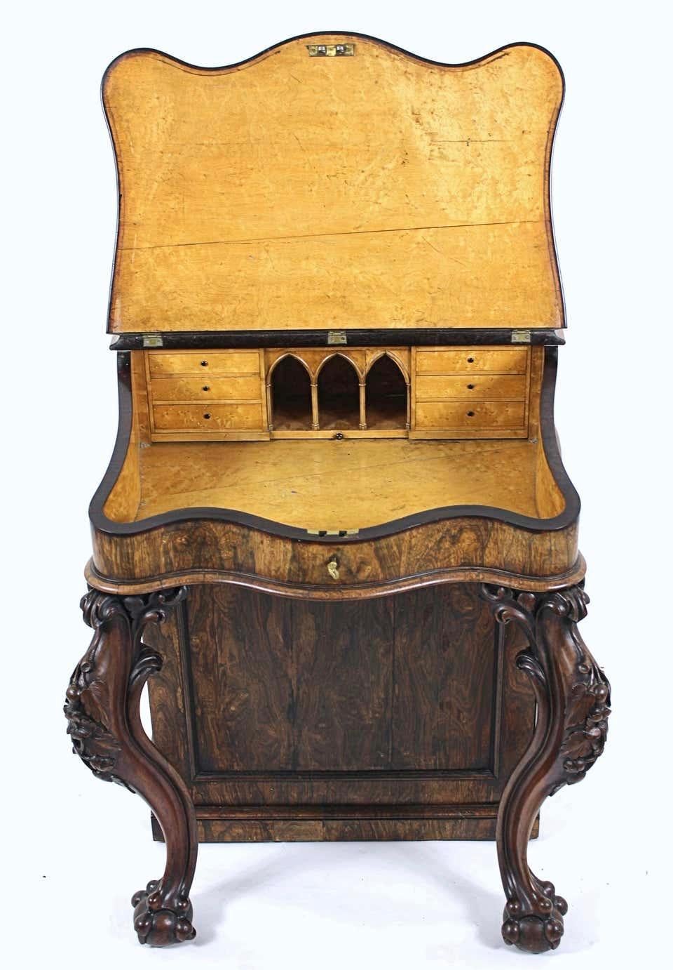 Carved Irish Rosewood and Leather Rise and Fall Davenport, circa 1850 For Sale 2