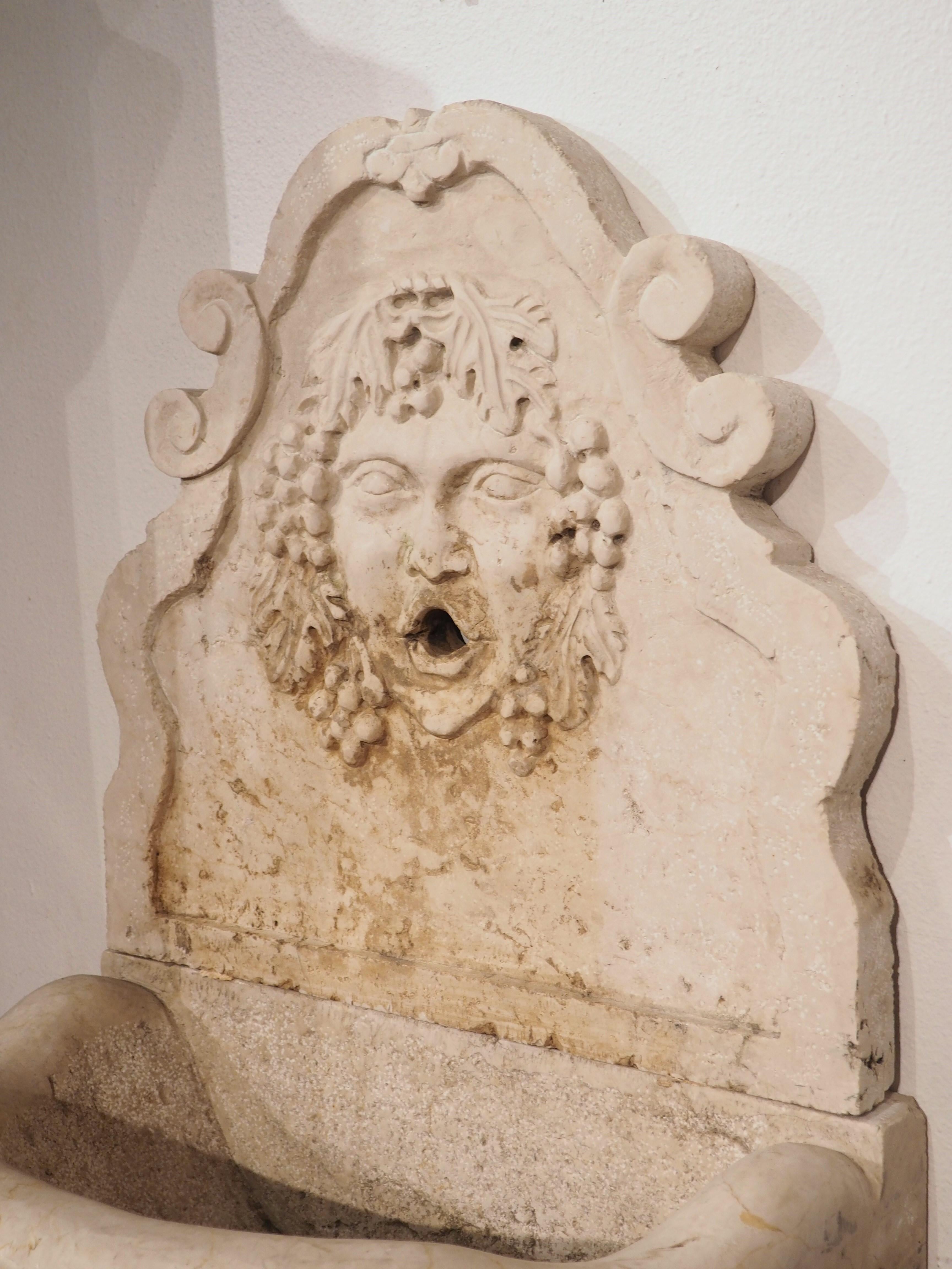 Carved Italian 3-Piece Marble Wall Fountain with Bacchus and Grapevine Motifs In Good Condition For Sale In Dallas, TX