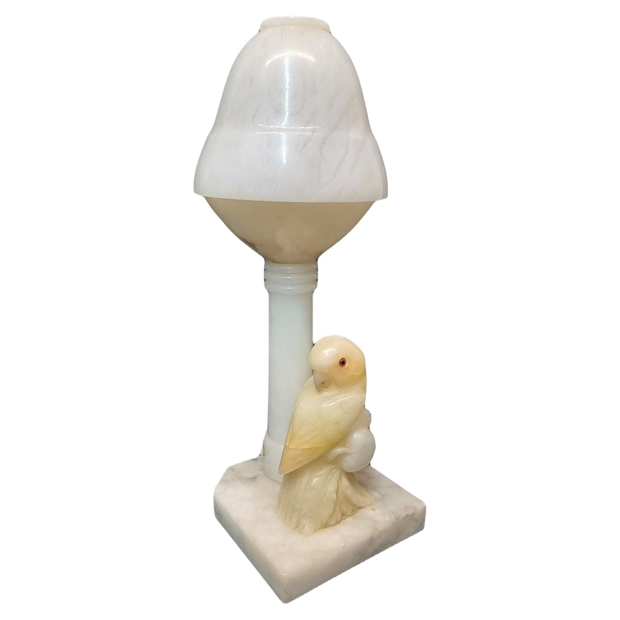 Carved Italian Alabaster Lovebird Table Lamp Italian, 20th Century For Sale