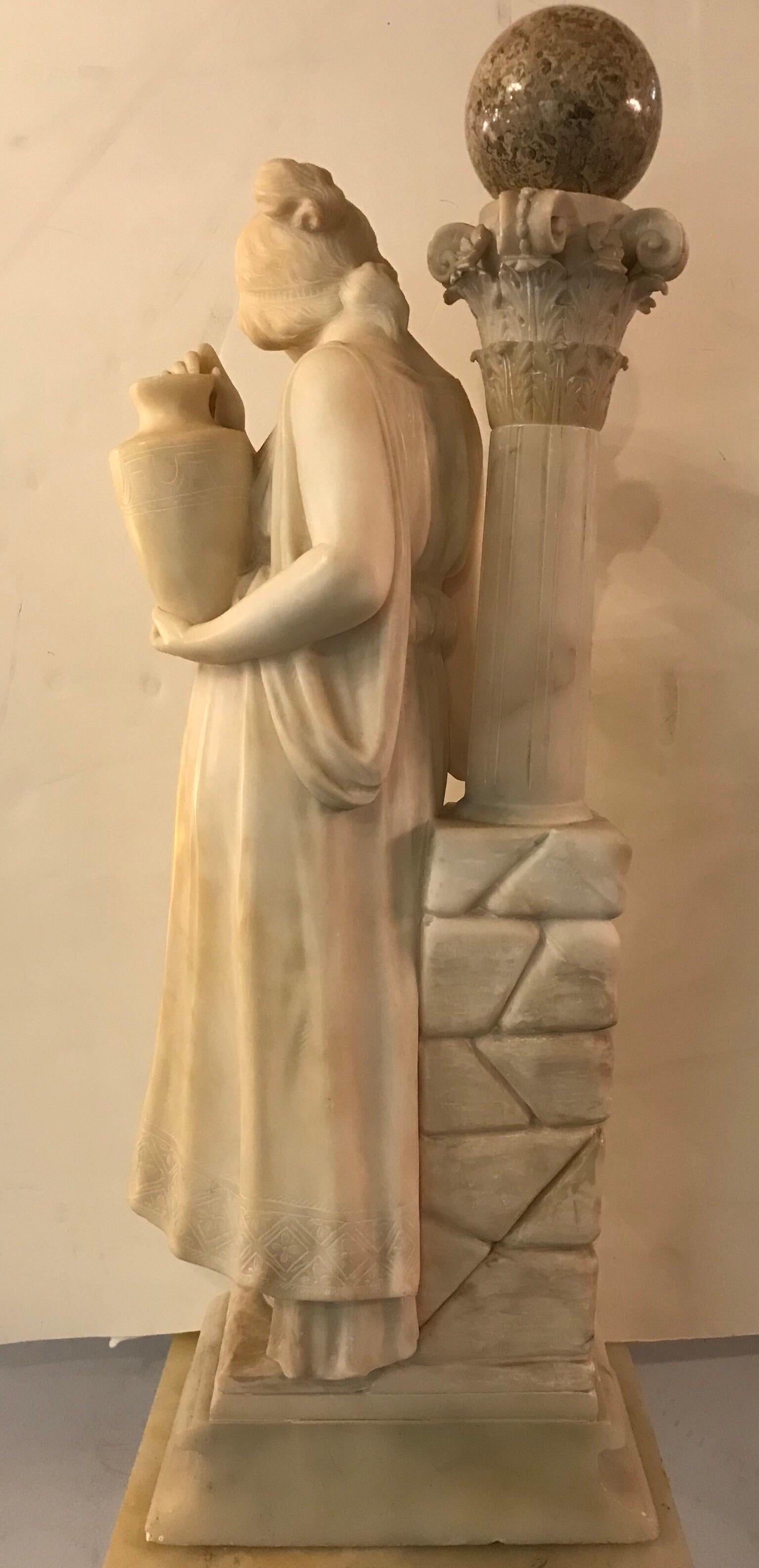 Classical Roman Carved Italian Alabaster Sculpture of a Maiden at the Well, circa 1900 For Sale