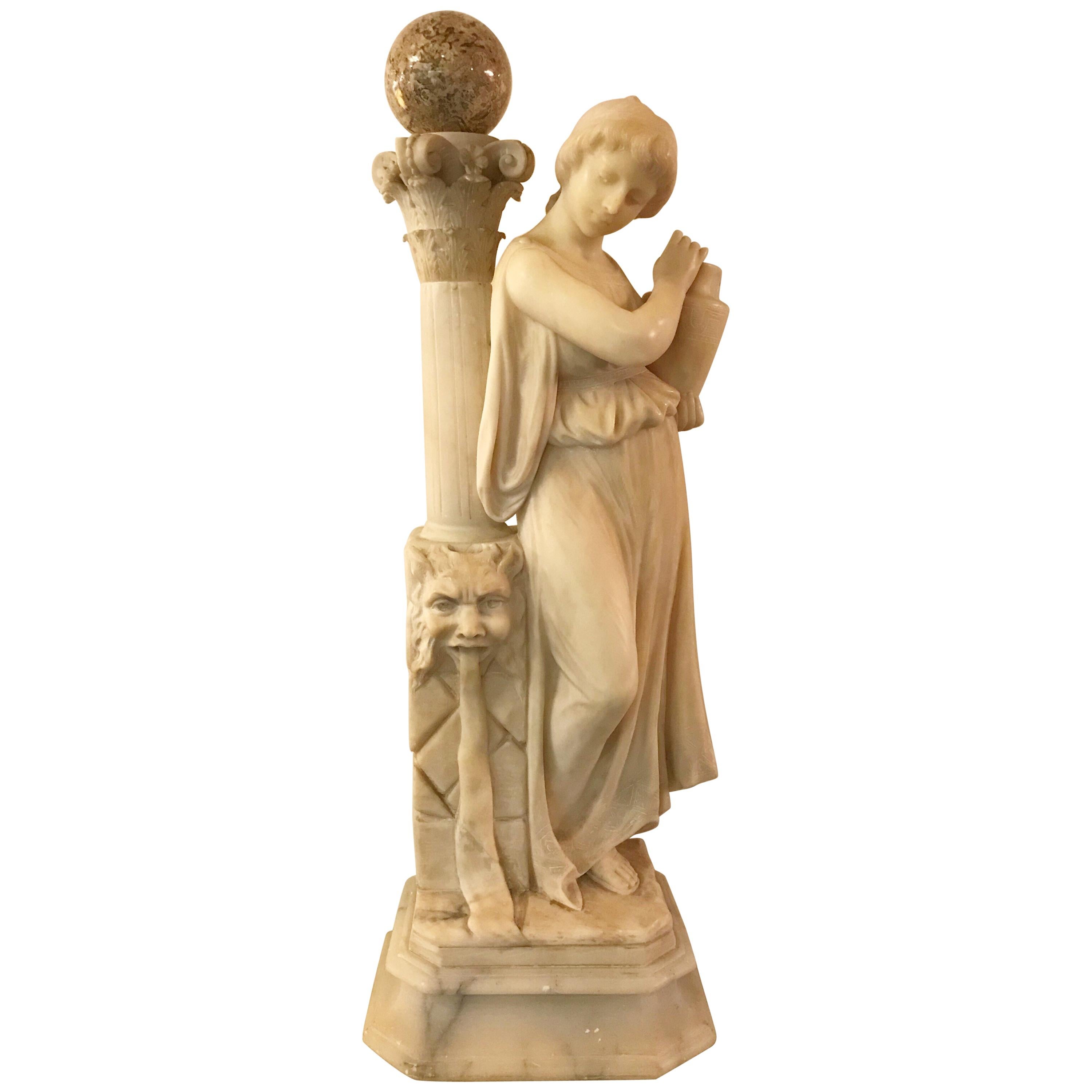 Carved Italian Alabaster Sculpture of a Maiden at the Well, circa 1900 For Sale