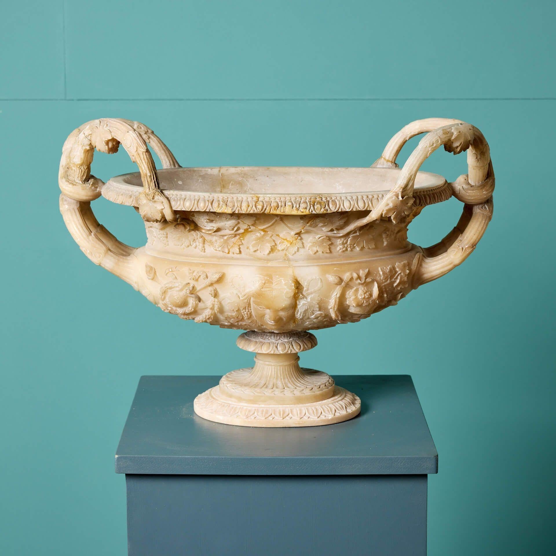 Neoclassical Carved Italian Antique Alabaster Centrepiece Vase For Sale