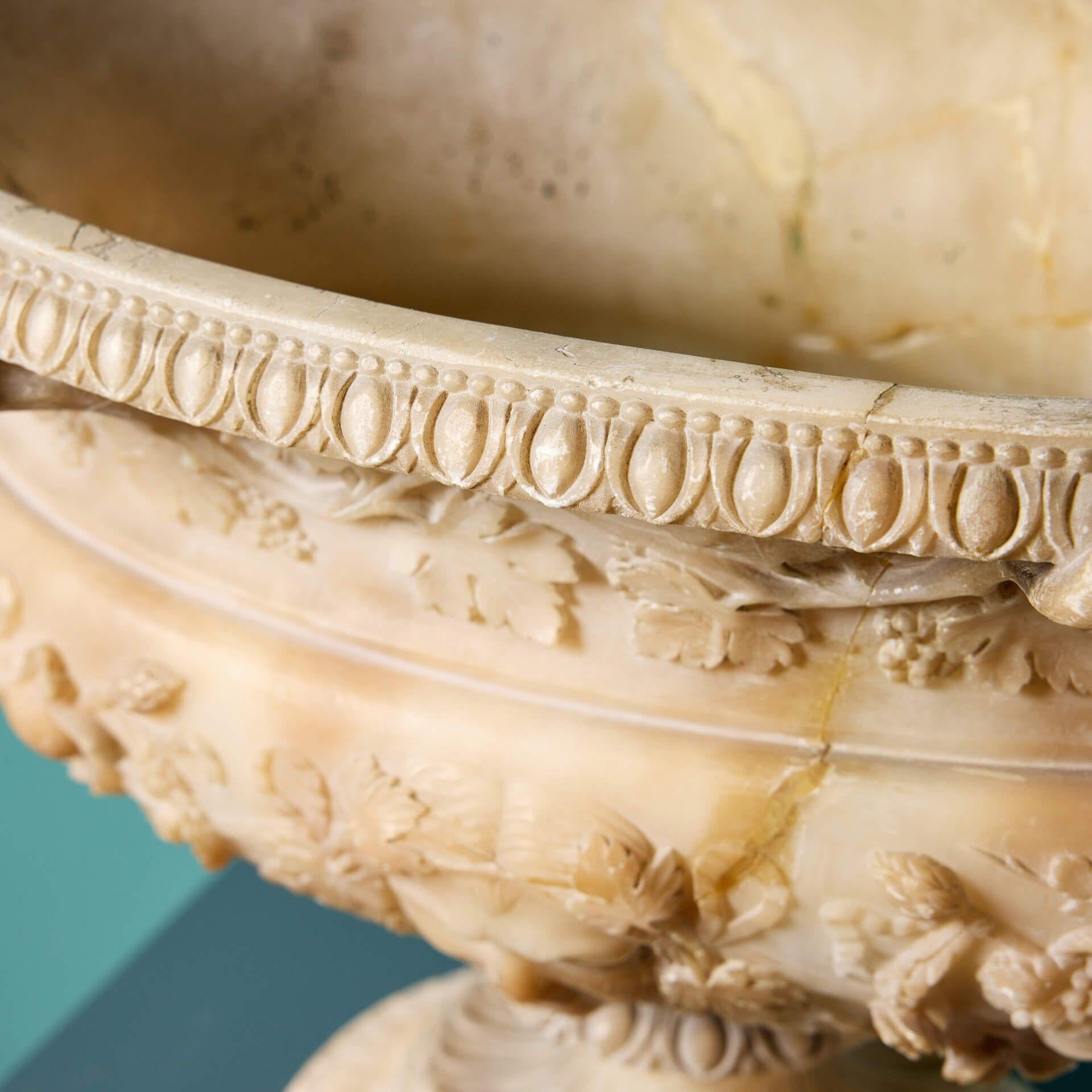 19th Century Carved Italian Antique Alabaster Centrepiece Vase For Sale