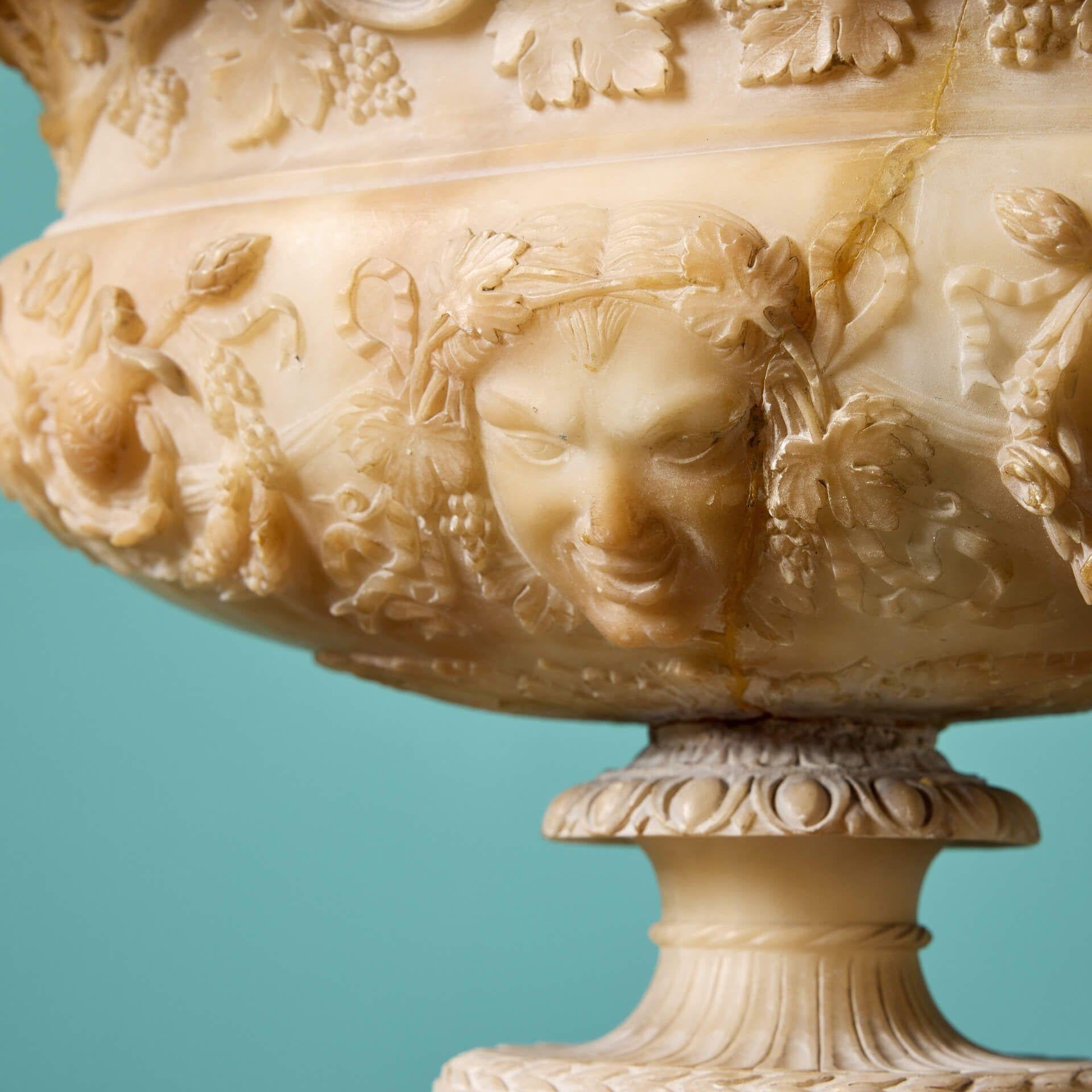Carved Italian Antique Alabaster Centrepiece Vase For Sale 1