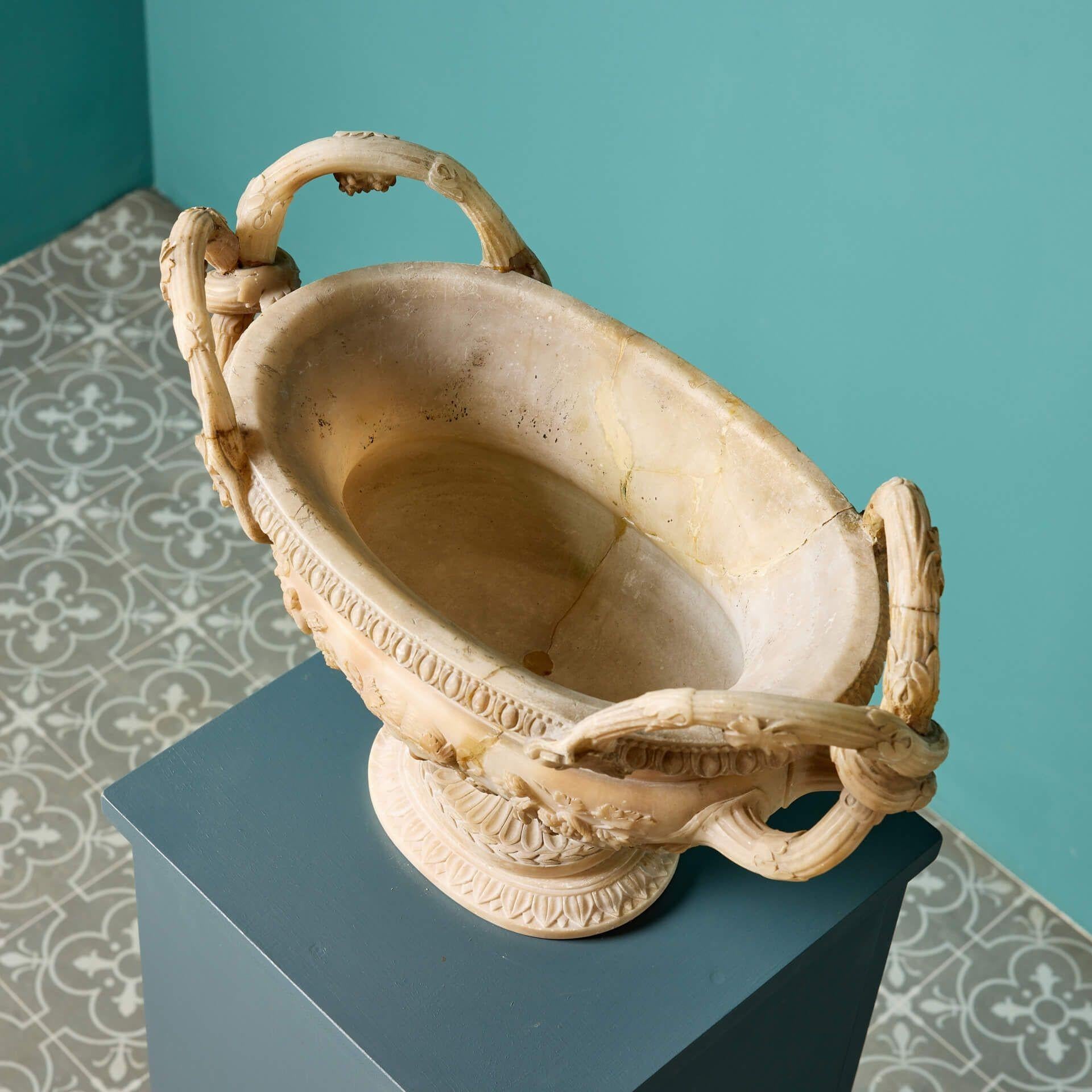 Carved Italian Antique Alabaster Centrepiece Vase For Sale 3