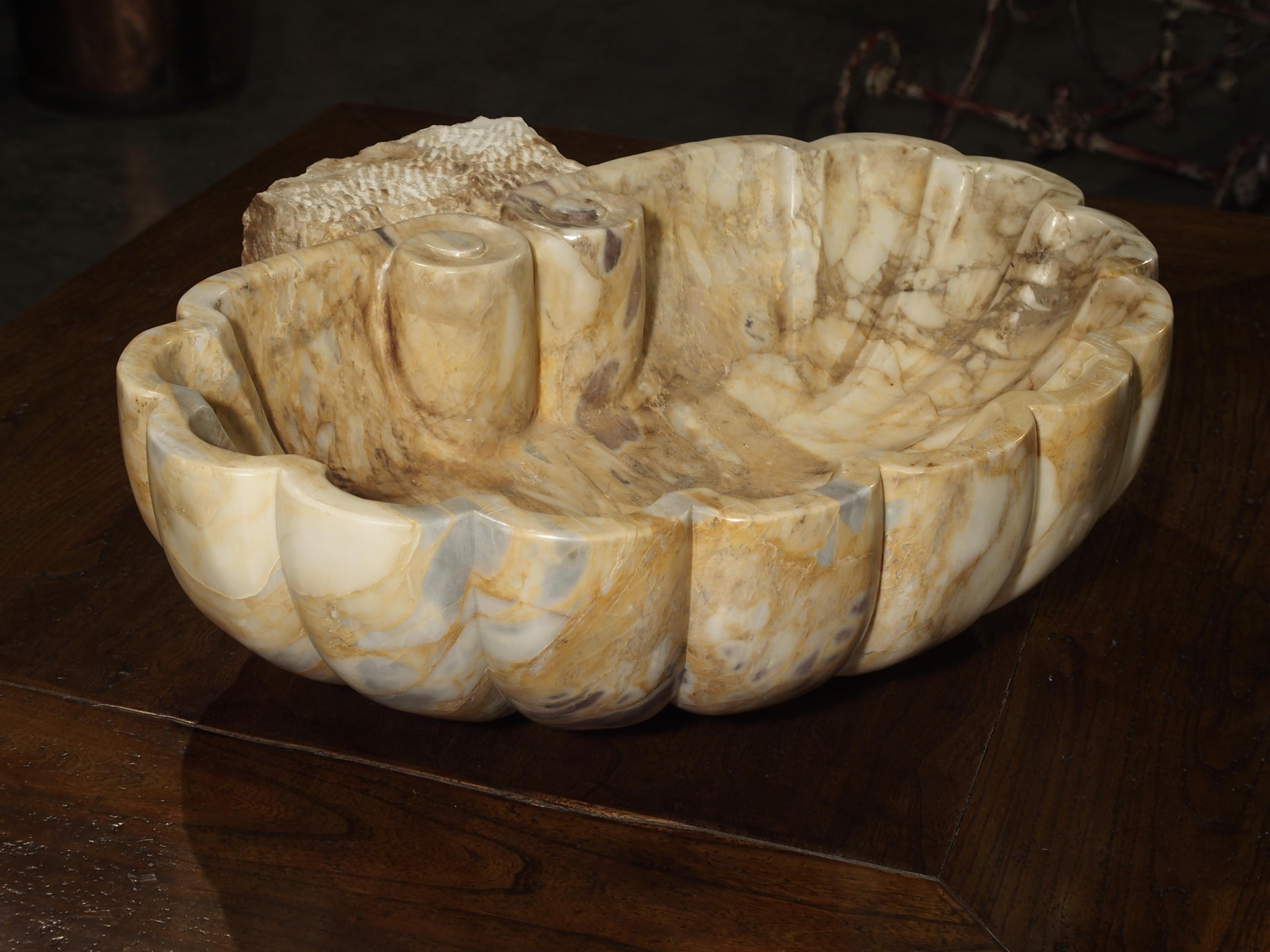 Carved Italian Breccia Marble Shell Form Sink In Excellent Condition In Dallas, TX