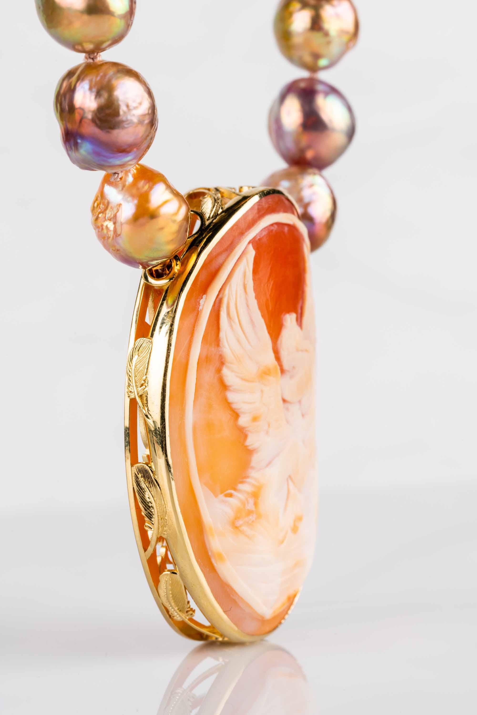 Art Nouveau Carved Italian Cameo with a Freshwater Fireball Pearl Necklace