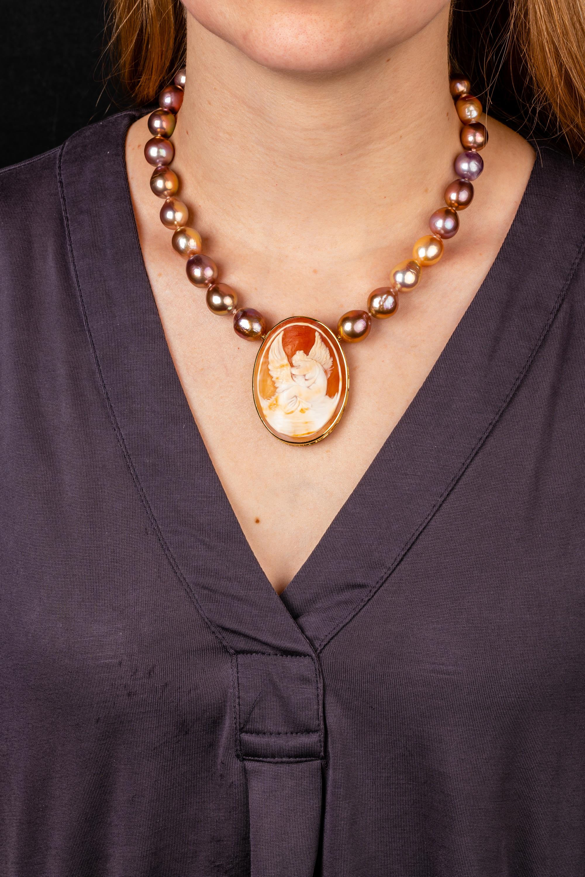 Women's Carved Italian Cameo with a Freshwater Fireball Pearl Necklace