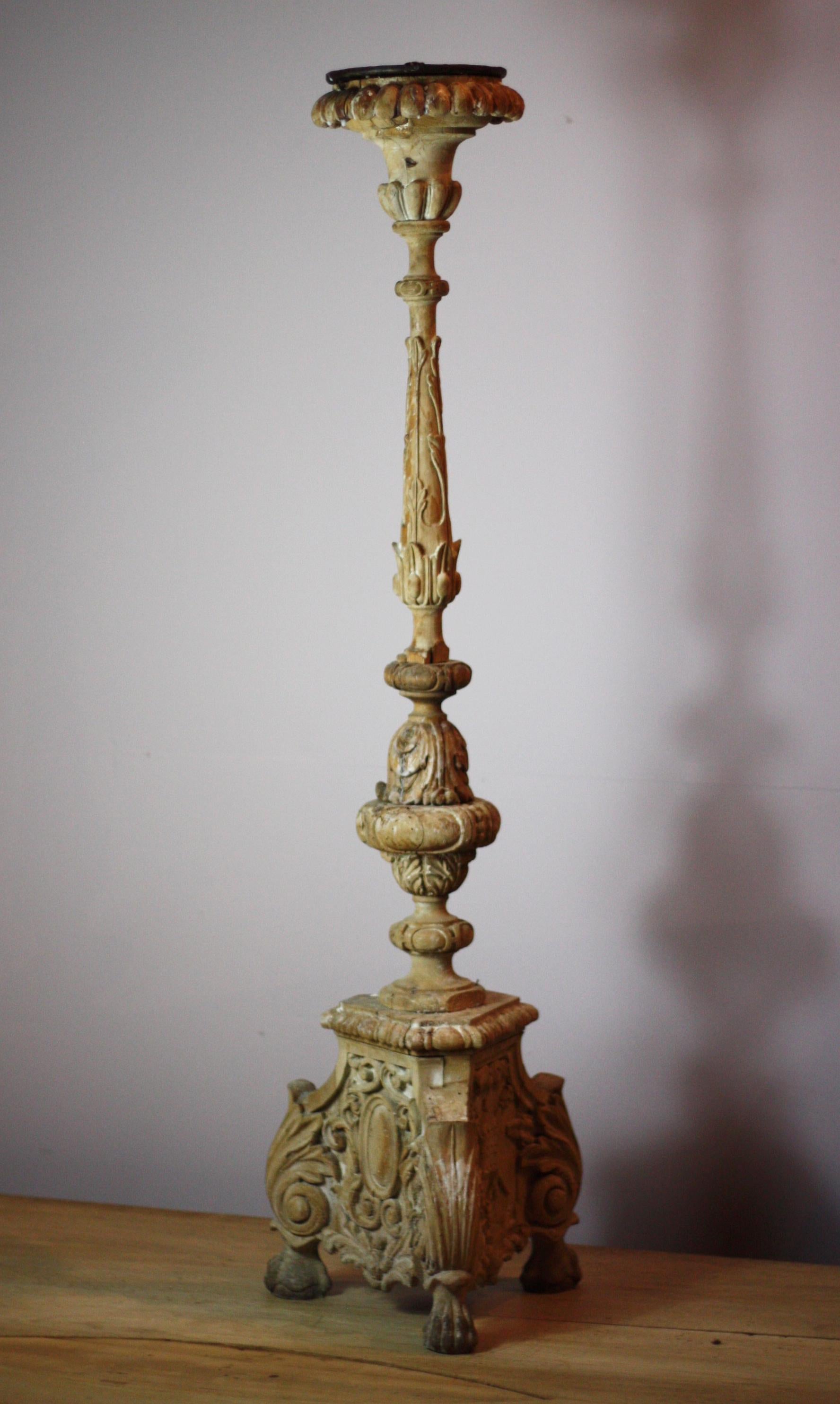 Highly decorative Italian ecclesiastical candleholder with metal plate at the top, and original wax drippings.