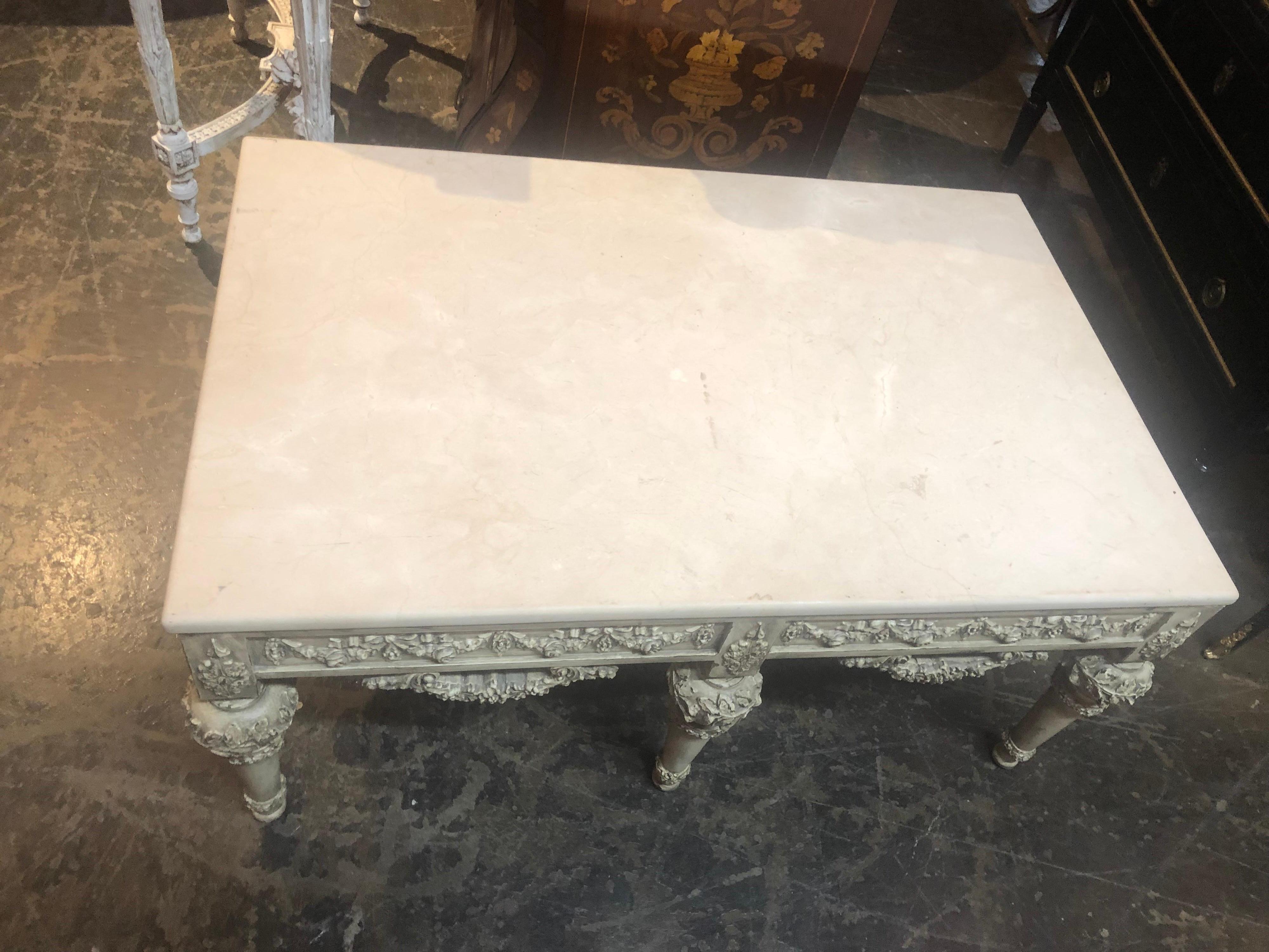 20th Century Carved Italian Coffee Table with Marble Top