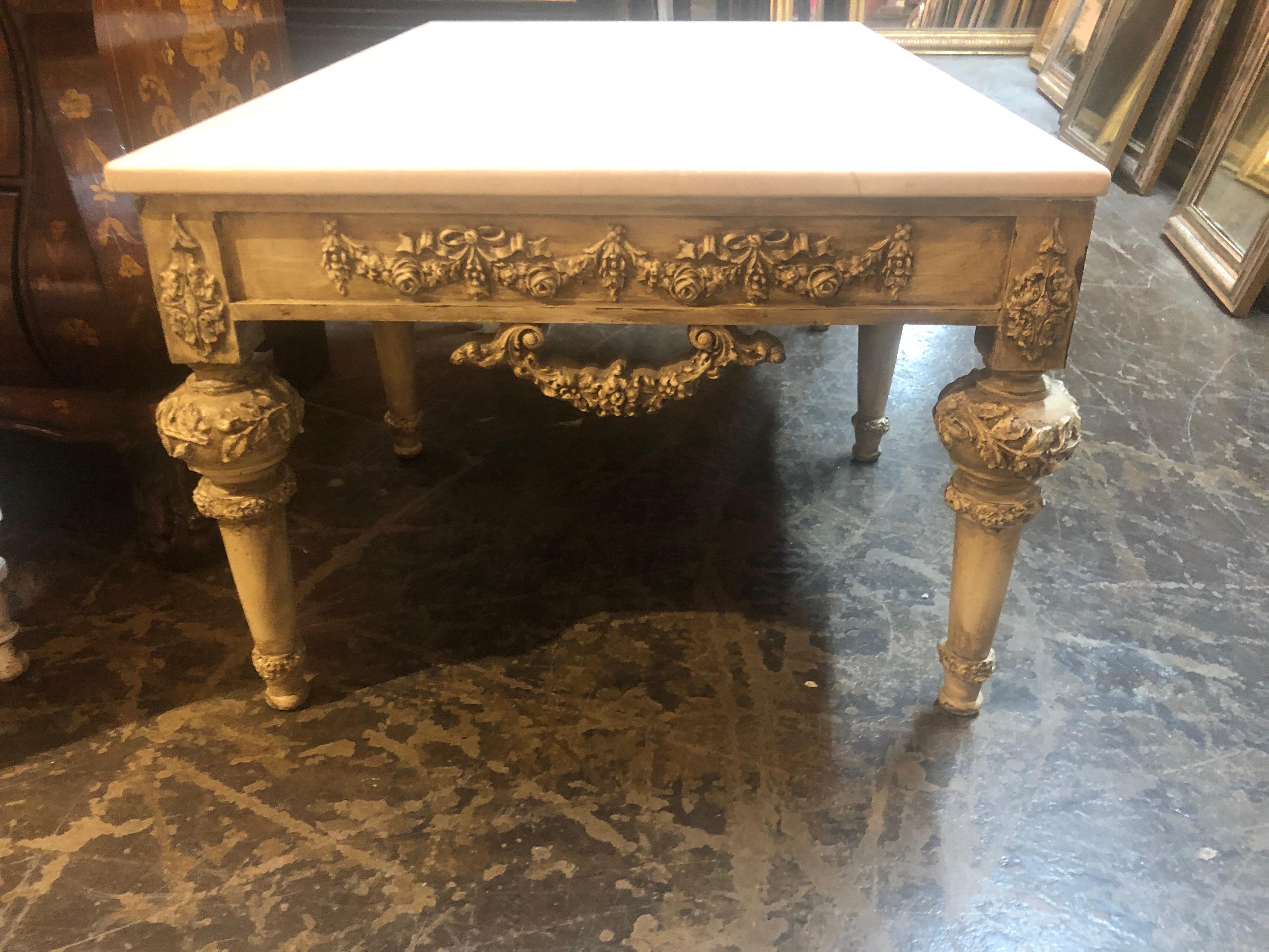 Wood Carved Italian Coffee Table with Marble Top