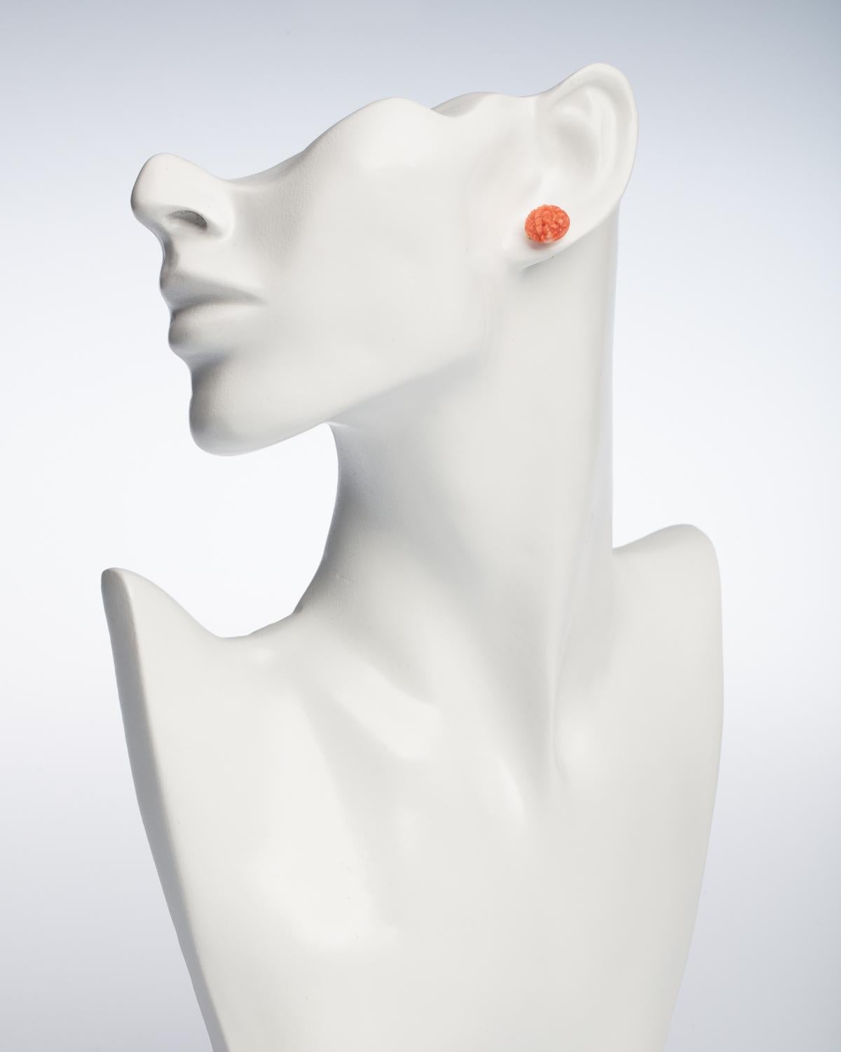 Carved Italian Coral Stud Earrings In Excellent Condition In Nantucket, MA