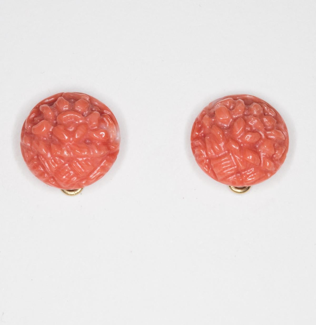 Women's or Men's Carved Italian Coral Stud Earrings
