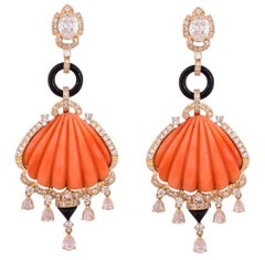 Carved Italian Coral, Onyx and Diamond Dangle Earrings