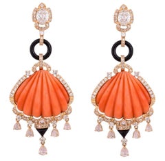 Carved Italian Coral, Onyx and Diamond Dangle Earrings