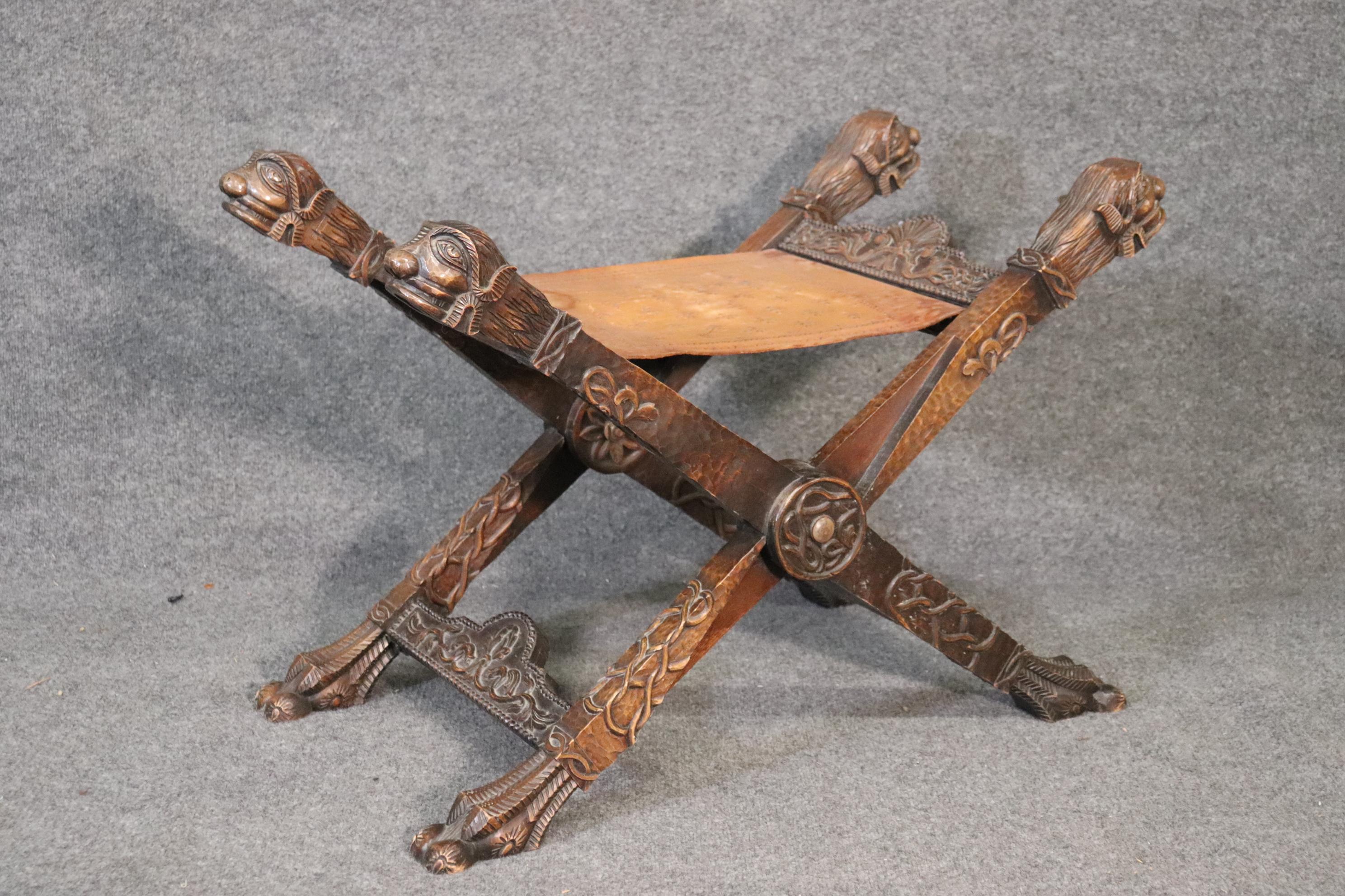 Neoclassical Revival Carved Italian Figural Paw Footed x Bench, Circa 1920