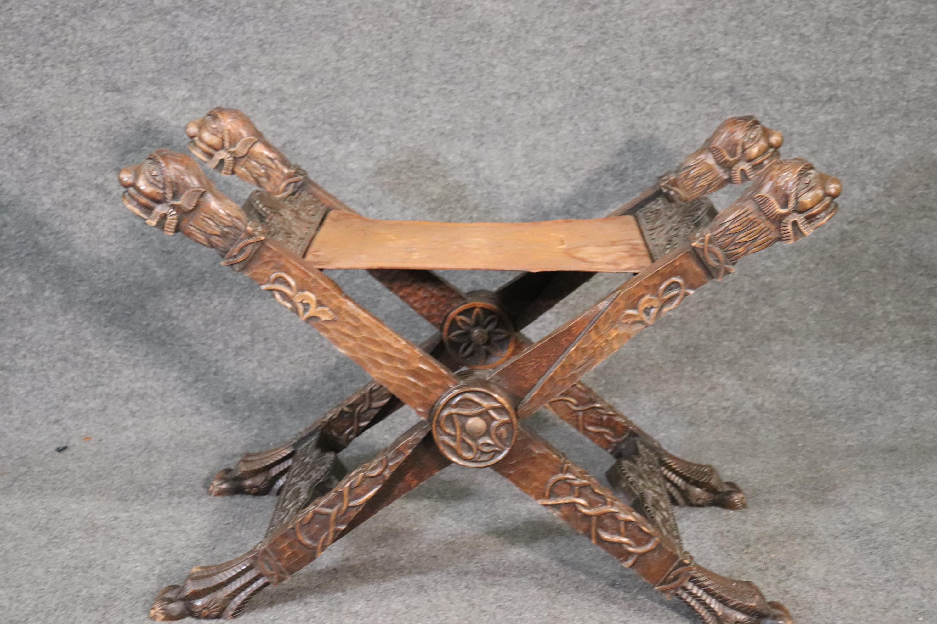 Early 20th Century Carved Italian Figural Paw Footed x Bench, Circa 1920