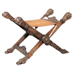 Carved Italian Figural Paw Footed x Bench, Circa 1920