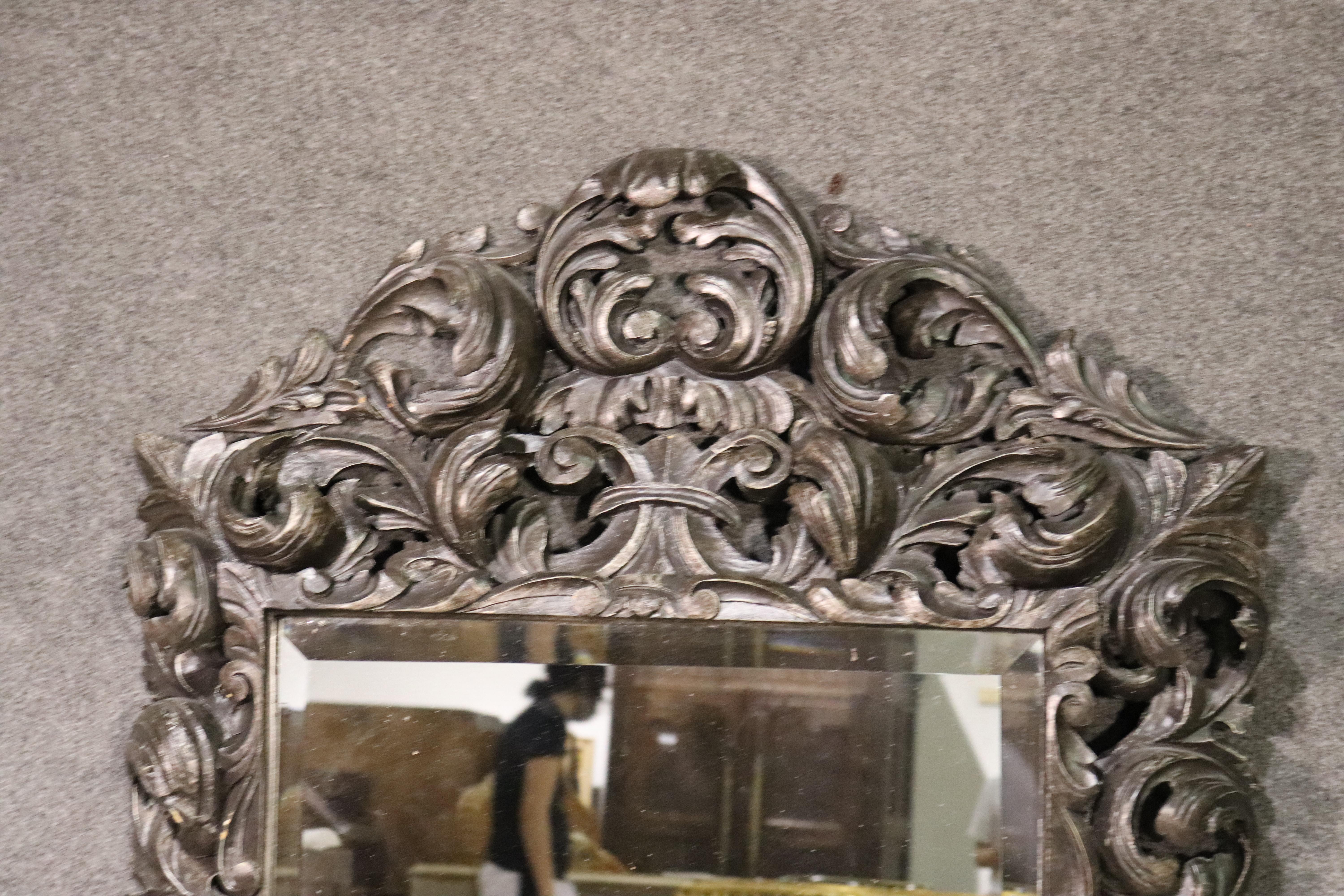 Carved Italian Florentine Venetian Rococo Solid Walnut Beveled Glass Mirror In Good Condition In Swedesboro, NJ